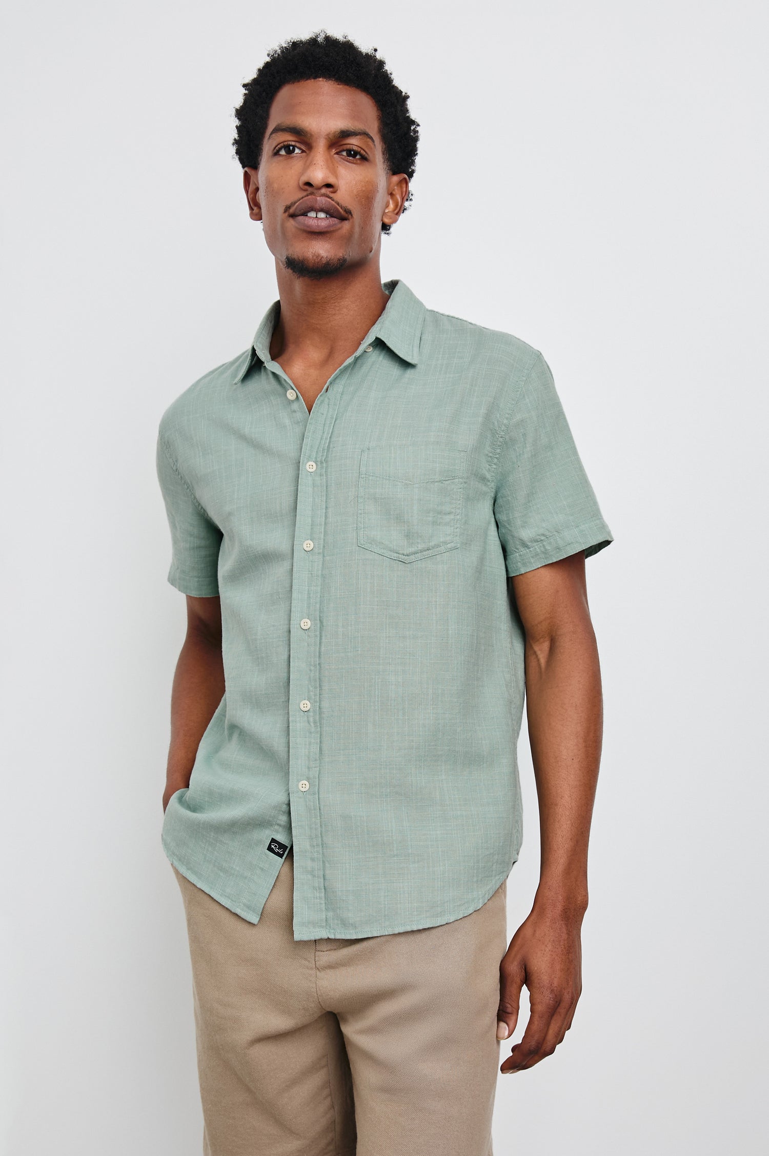Fairfax Short-Sleeve Button Up with a Chest Patch Pocket in Borealis Etch Colorway - Front View Featured on Model