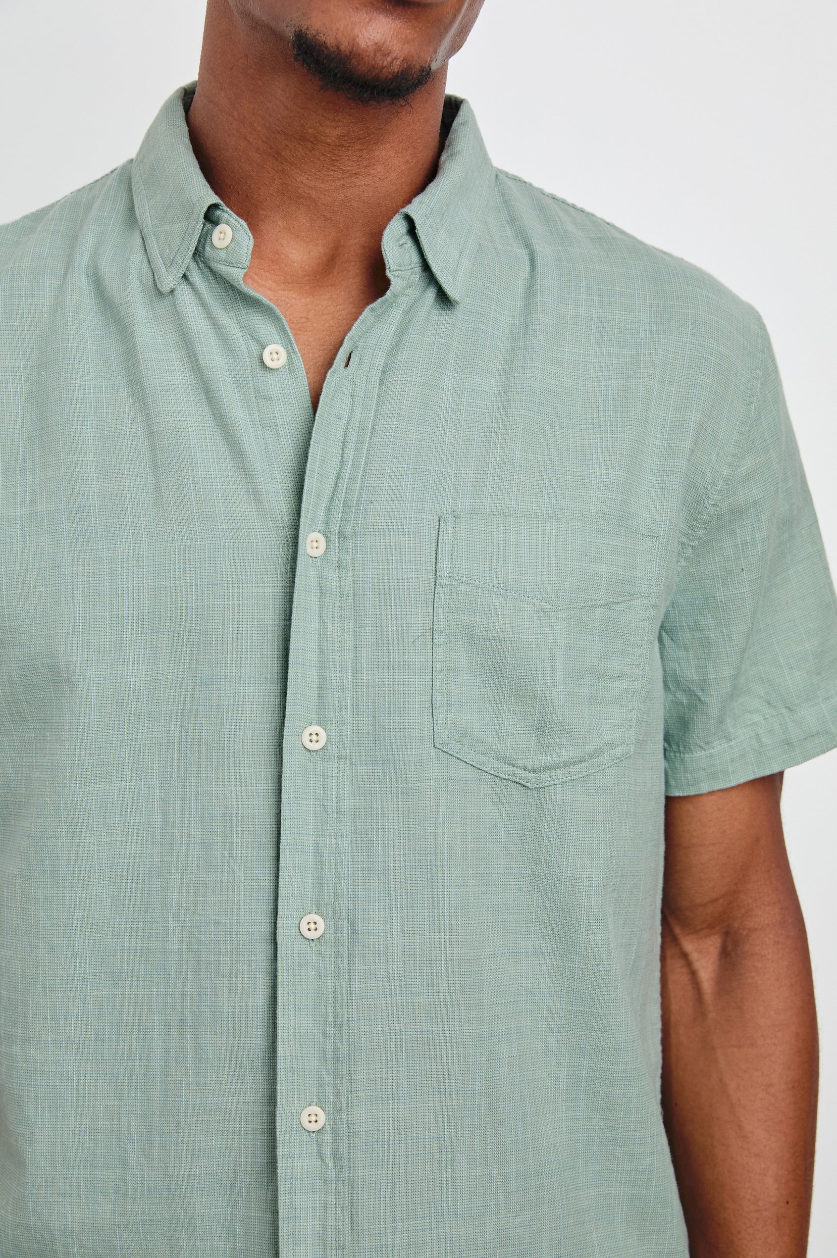 Fairfax Short-Sleeve Button Up with a Chest Patch Pocket in Borealis Etch Colorway - Front View Featured on Model