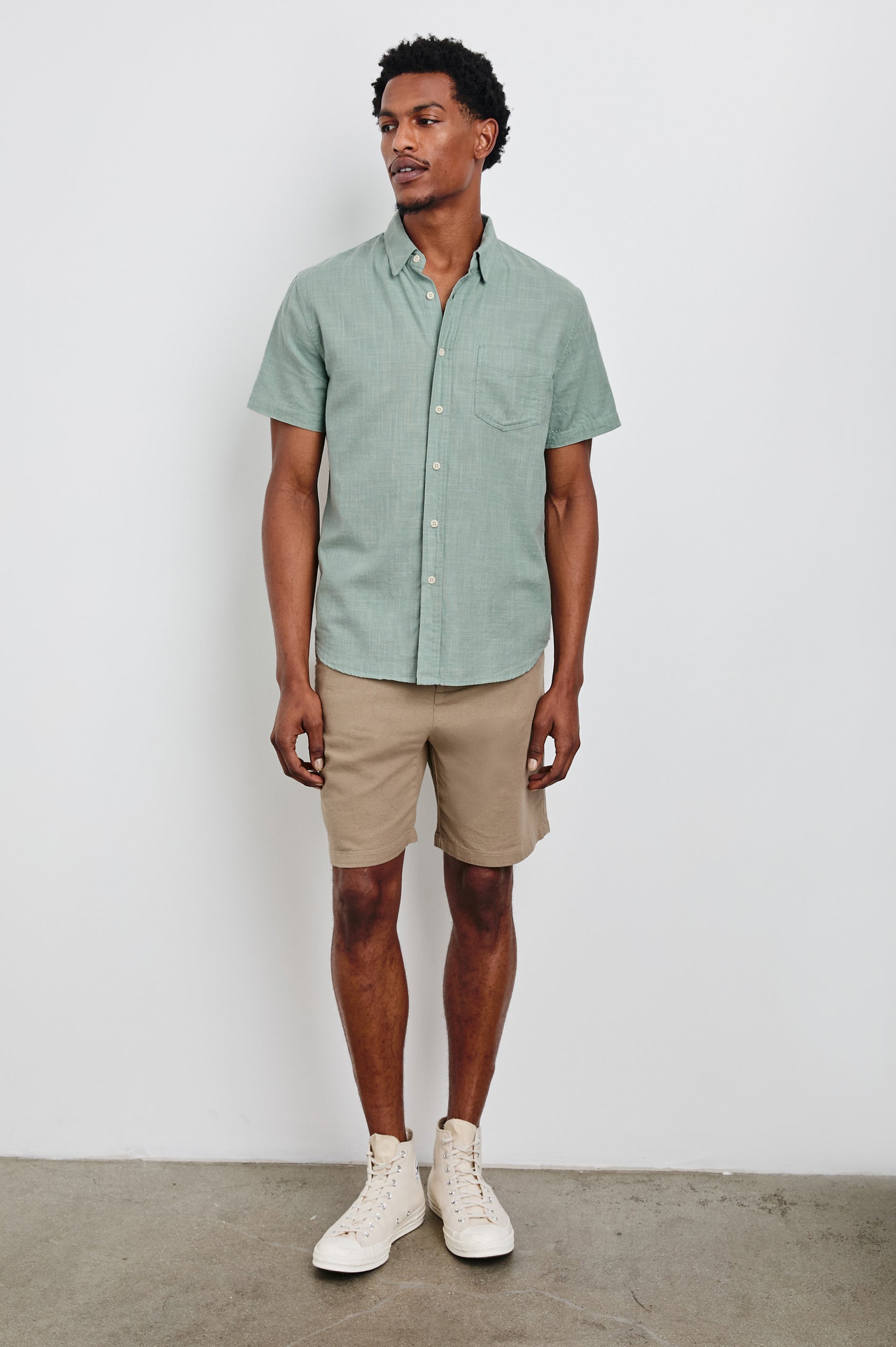 Fairfax Short-Sleeve Button Up with a Chest Patch Pocket in Borealis Etch Colorway - Front Full Body View Featured on Model