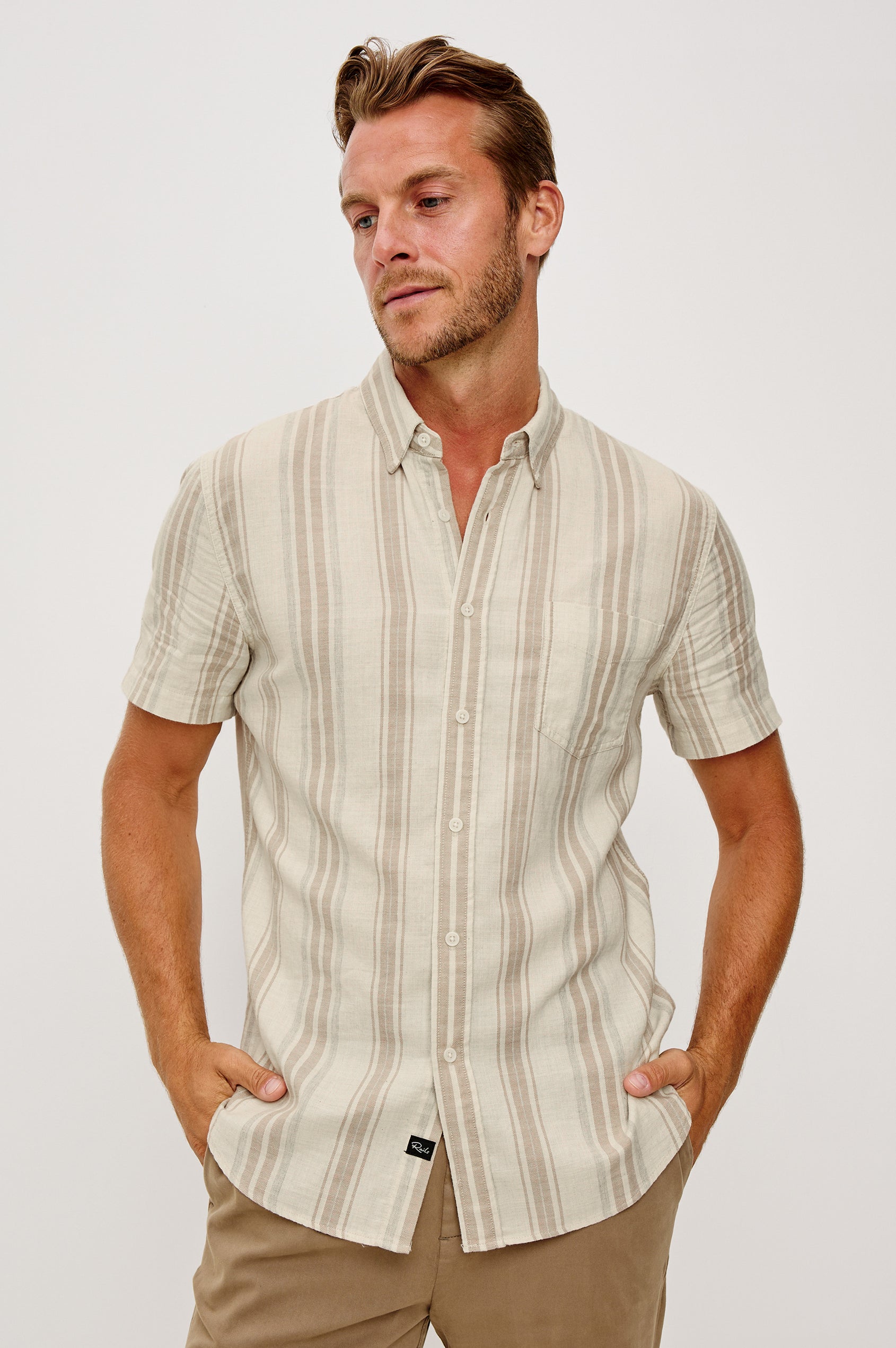 Fairfax Short Sleeve Button-Up Shirt in Lightweight Cotton With a Classic Fit in Heather Dune Sripe Colorway - Upper Body Front View Featured on Model