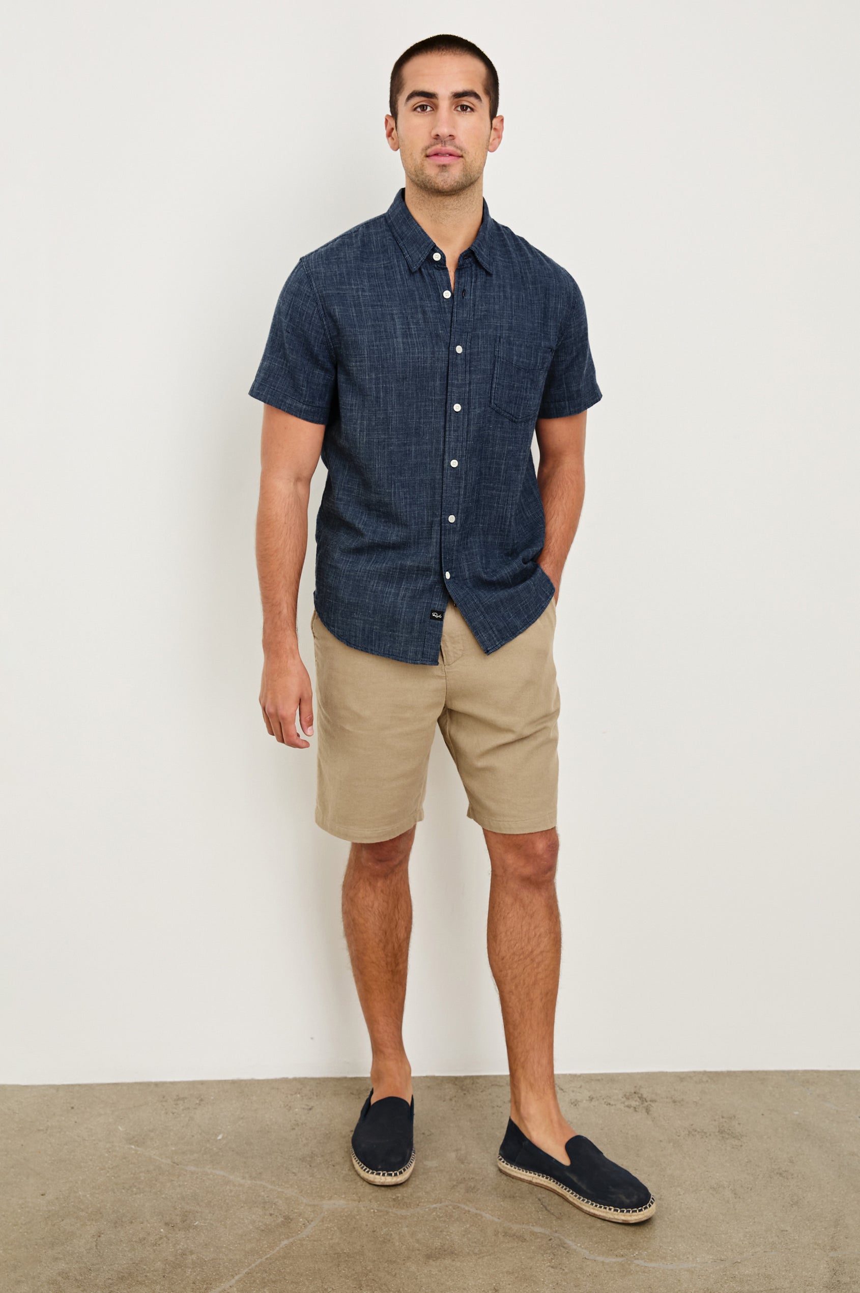 Fairfax short sleeve button up shirt with collar in Navy Etch - full body front view on model