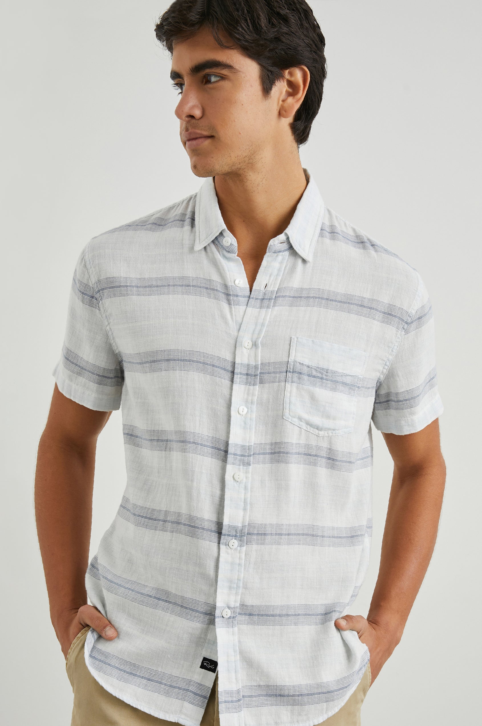Fairfax Short-Sleeve Button Up with a Chest Patch Pocket in Piraeus Marathon Colorway, with horizontal grey stripes on White - Front View Featured on Model