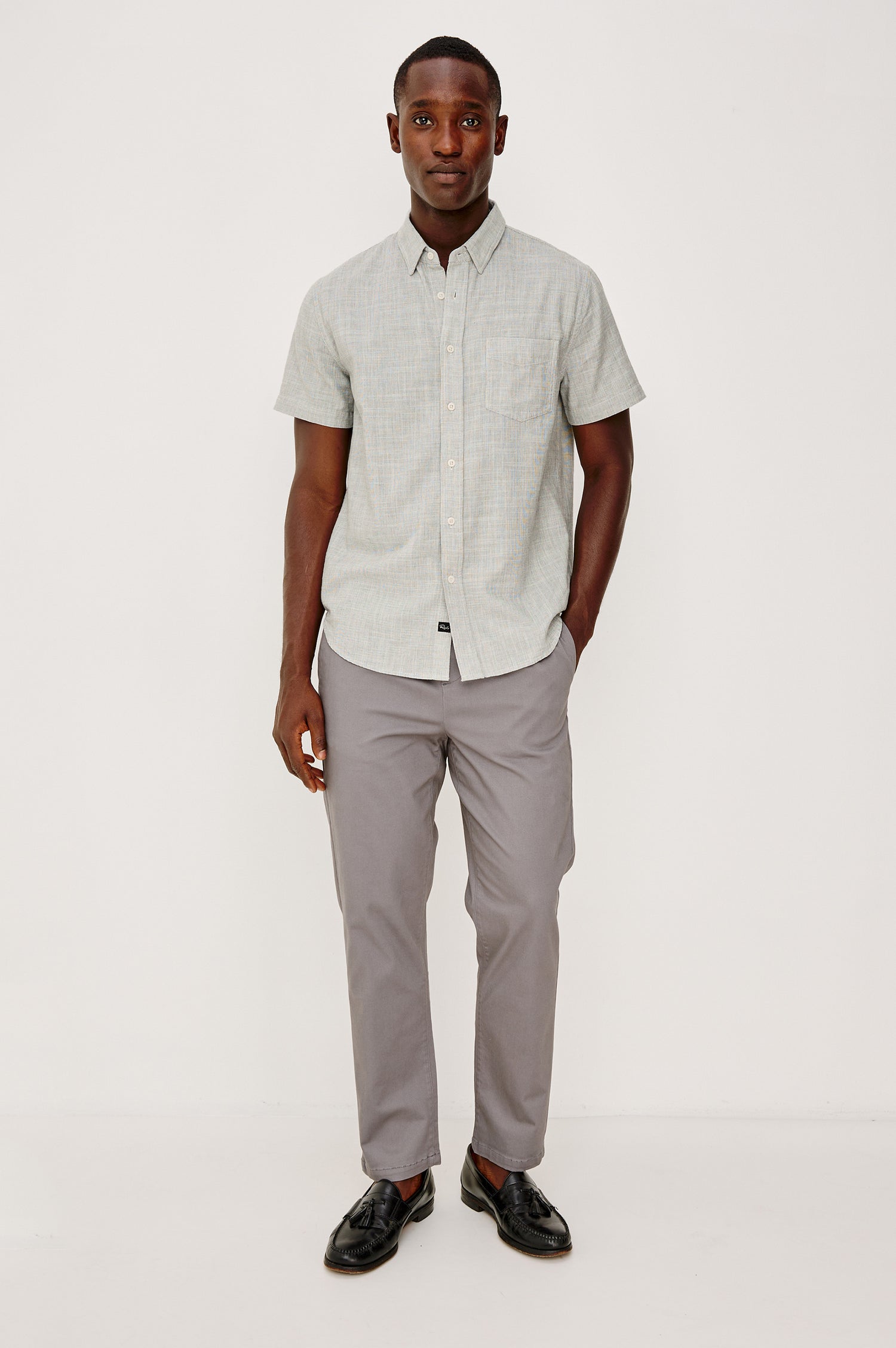 Fairfax Short Sleeve Button-Up Shirt in Lightweight Cotton With a Classic Fit in Platinum Etch Colorway - Full Body Front View Featured on Model