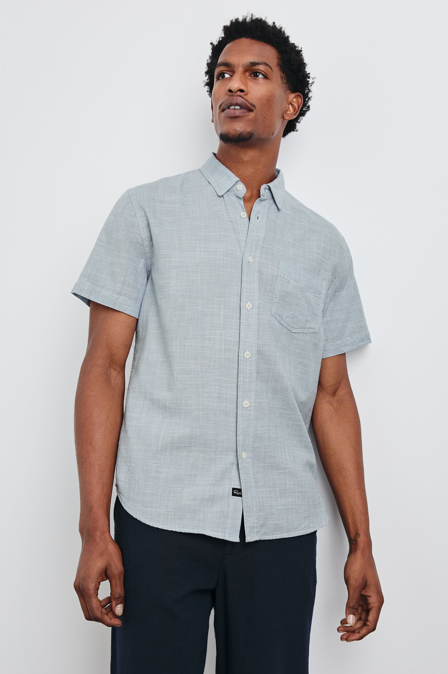 Fairfax short sleeve relaxed fit button up shirt with collar and chest pocket in 
Tidal Etch - front view on model