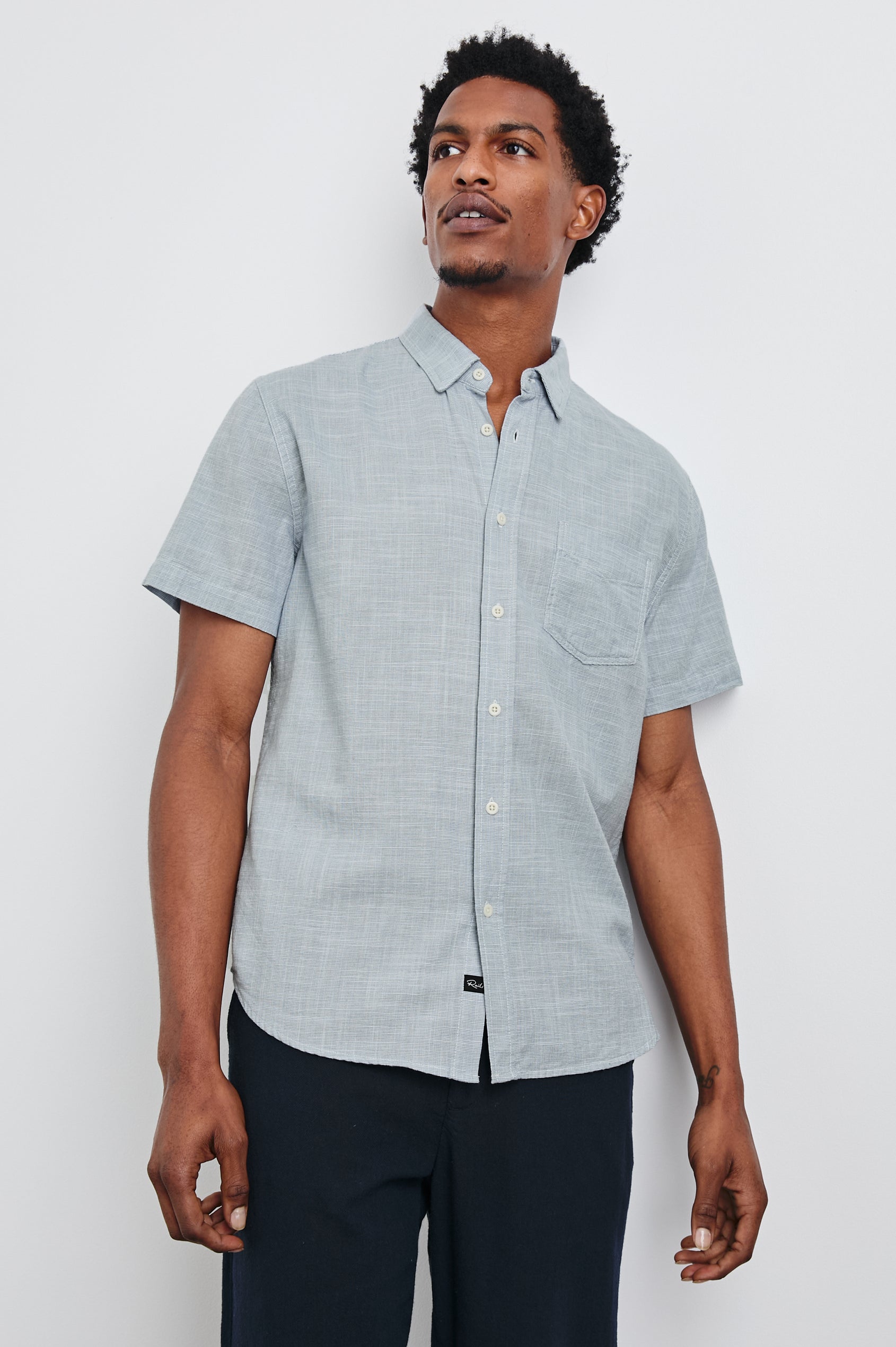 Fairfax short sleeve relaxed fit button up shirt with collar and chest pocket in 
Tidal Etch - front view on model