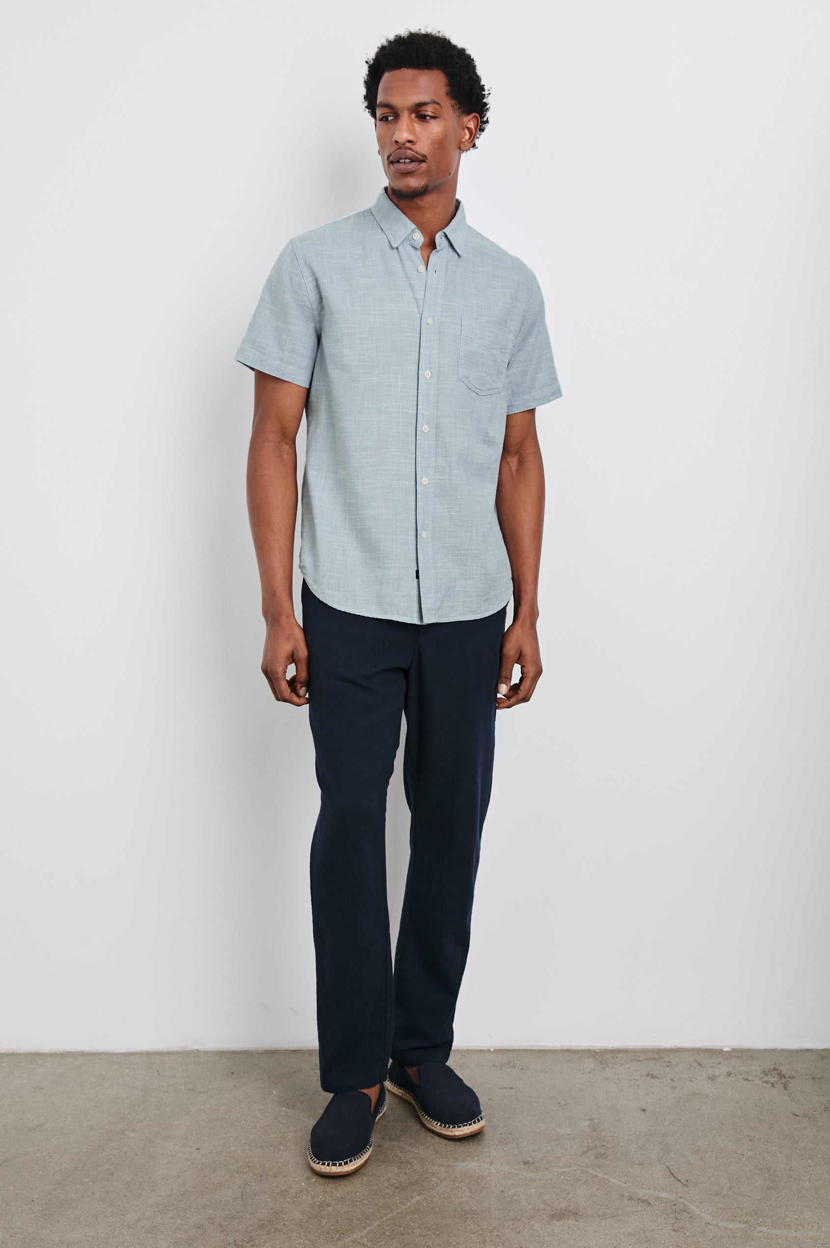 Fairfax short sleeve relaxed fit button up shirt with collar and chest pocket in 
Tidal Etch - full body front view on model