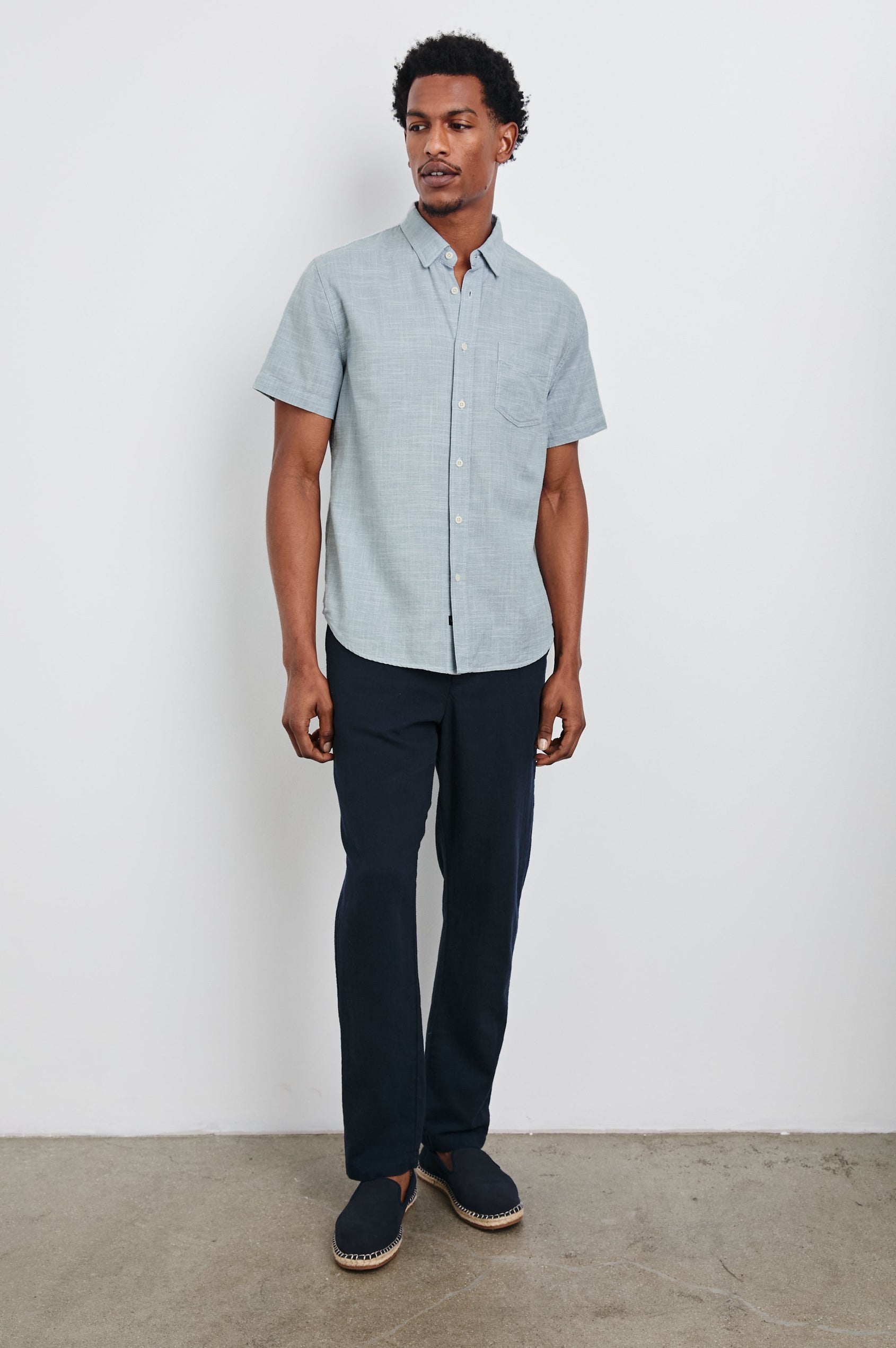 Fairfax short sleeve relaxed fit button up shirt with collar and chest pocket in 
Tidal Etch - full body front view on model