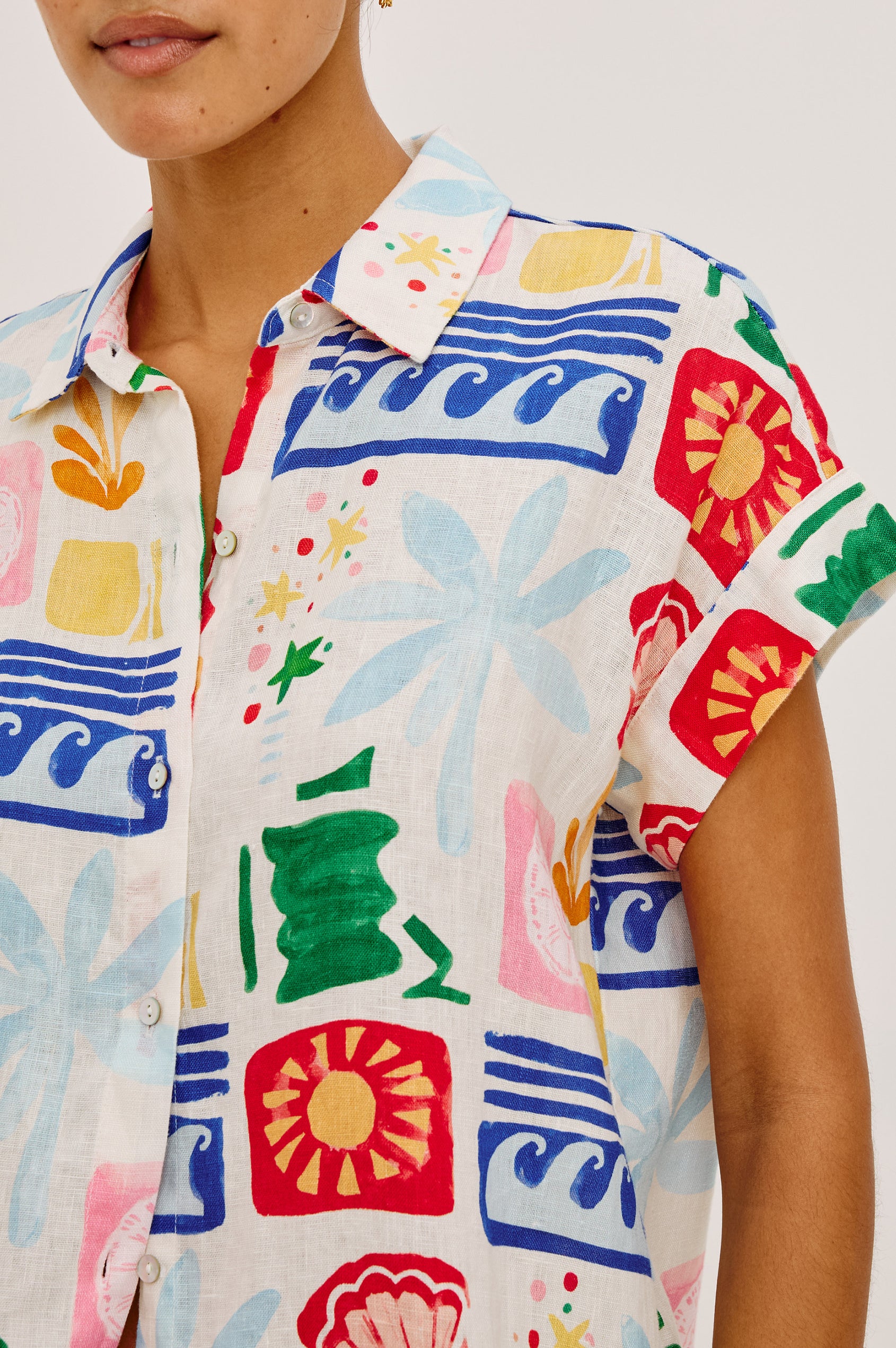 Jenner Short in Linen With High-Rise, Adjustable Drawstring Ties, Relaxed Fit, and Side Pockets in Bahama Colorway - Upper Body Front View Featured on Model