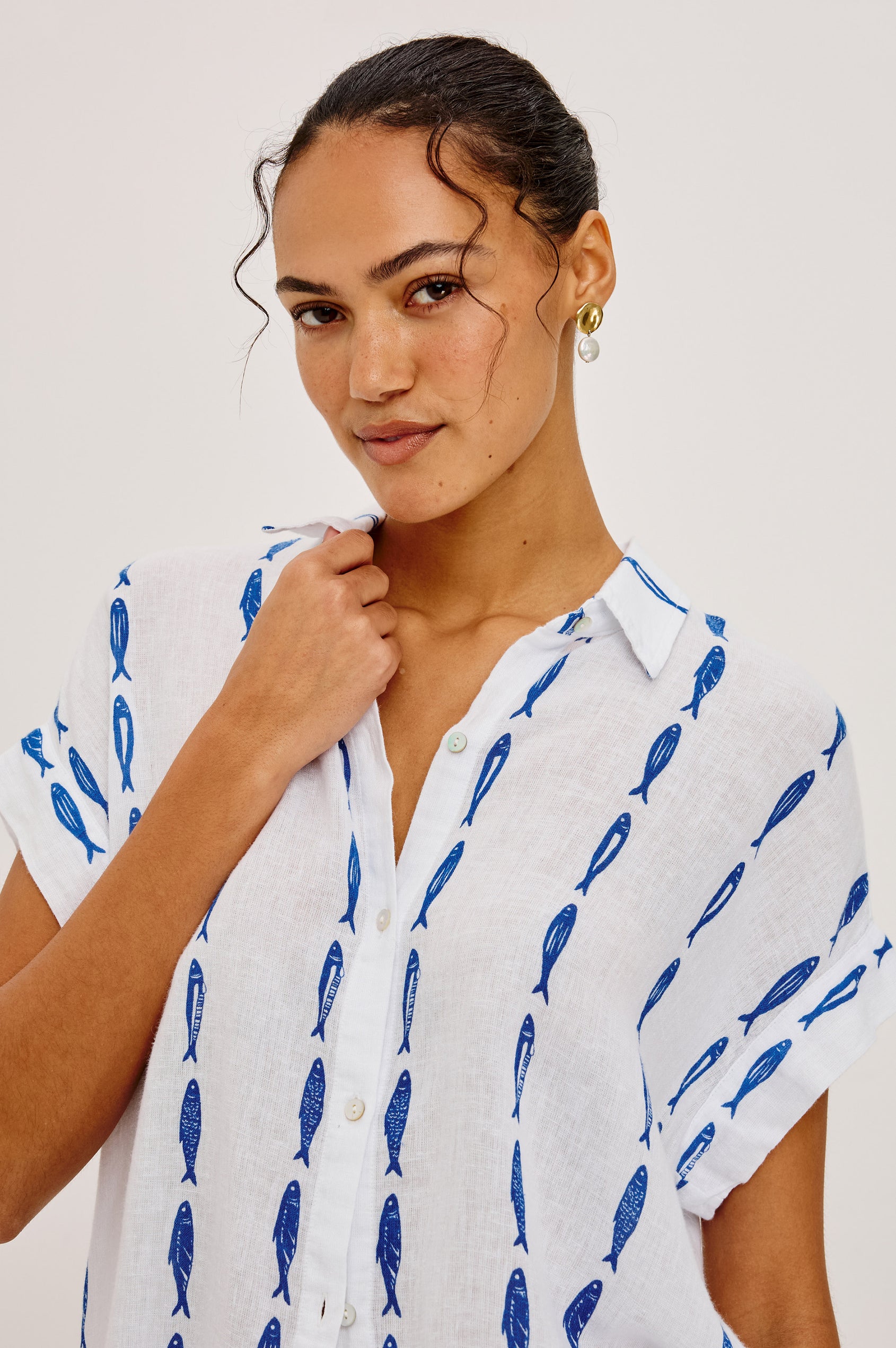Farrah Button-Up Shirt in Featherweight Rayon With Collar, Short Rolled Sleeves, and Relaxed Fit in Sardines Colorway - Upper Body Front View Featured on Model