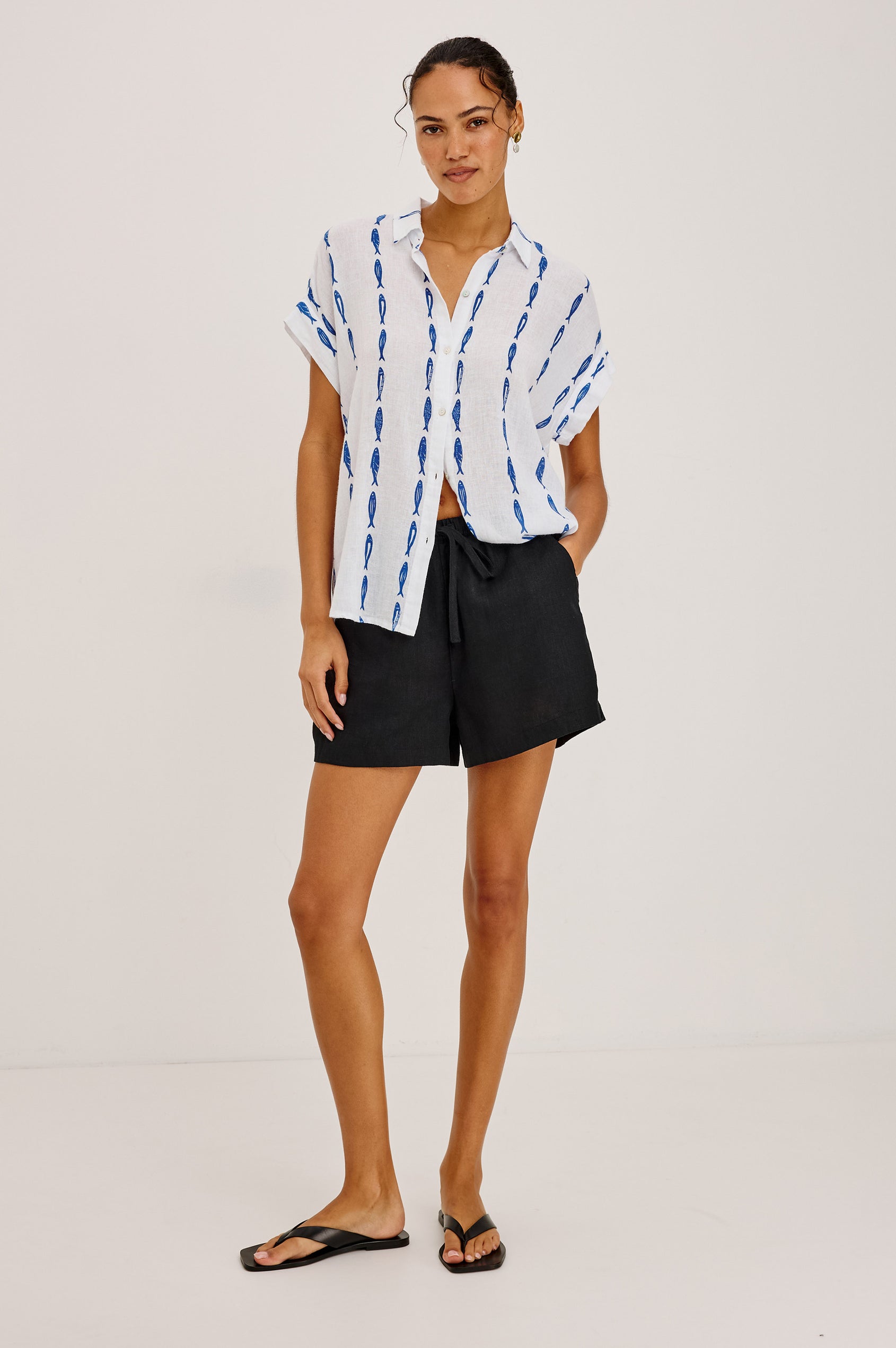 Farrah Button-Up Shirt in Featherweight Rayon With Collar, Short Rolled Sleeves, and Relaxed Fit in Sardines Colorway - Full Body Front View Featured on Model