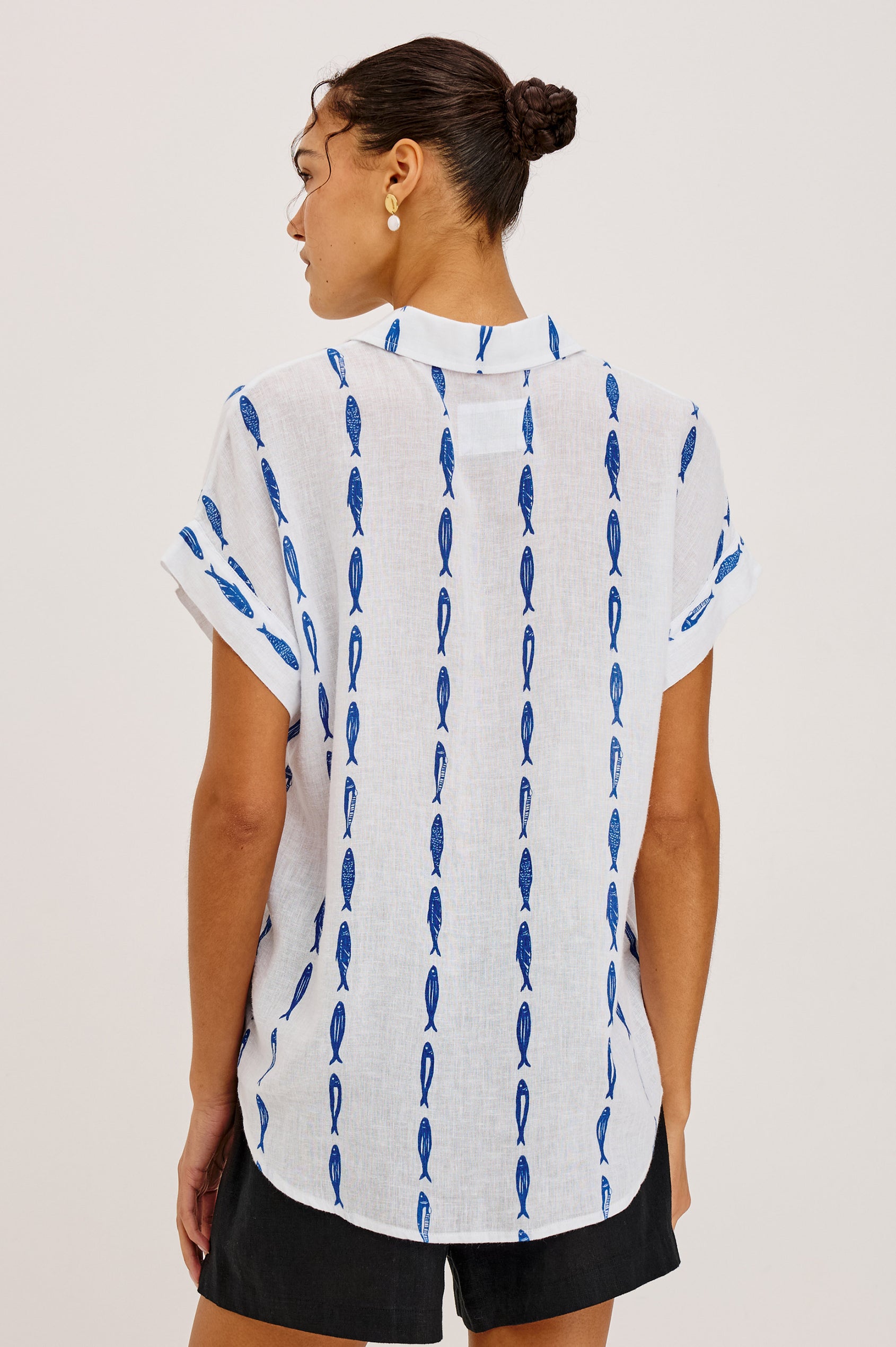 Farrah Button-Up Shirt in Featherweight Rayon With Collar, Short Rolled Sleeves, and Relaxed Fit in Sardines Colorway - Upper Body Back View Featured on Model
