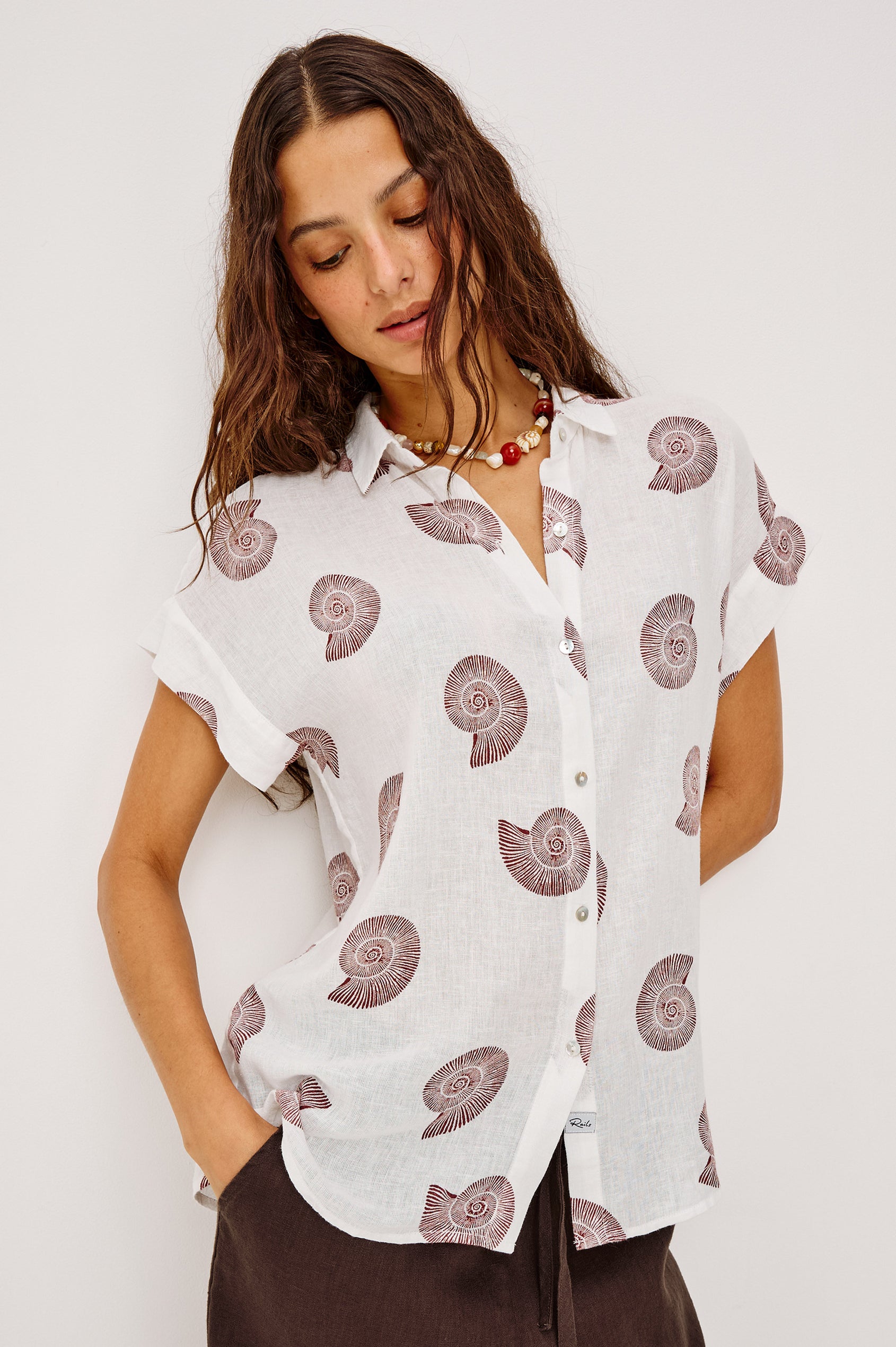 Farrah Button-Up Shirt in Featherweight Rayon With Collar, Short Rolled Sleeves, and Relaxed Fit in Spiral Shells Colorway - Upper Body Front View Featured on Model