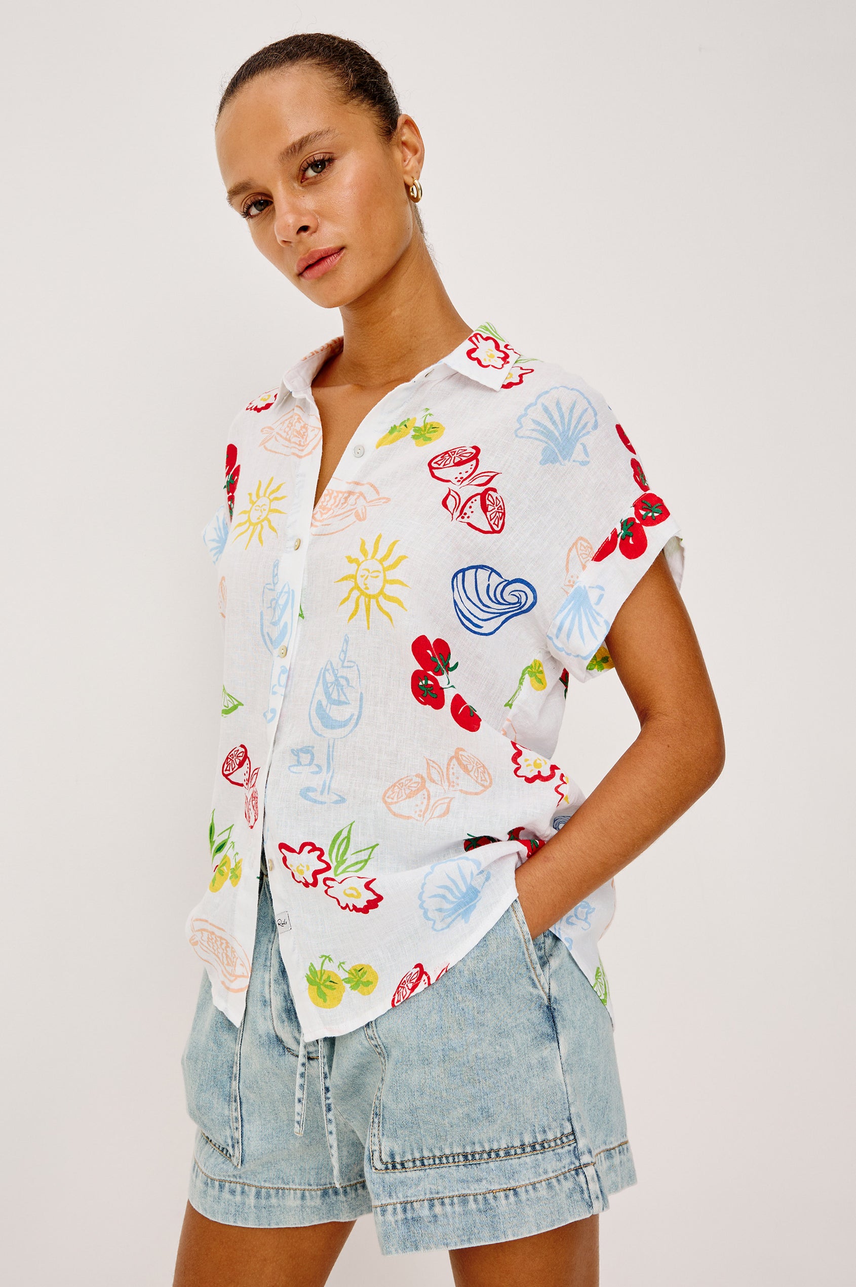 Farrah Button-Up Shirt in Featherweight Rayon With Collar, Short Rolled Sleeves, and Relaxed Fit in White Antipasti Colorway - Upper Body Front View Featured on Model