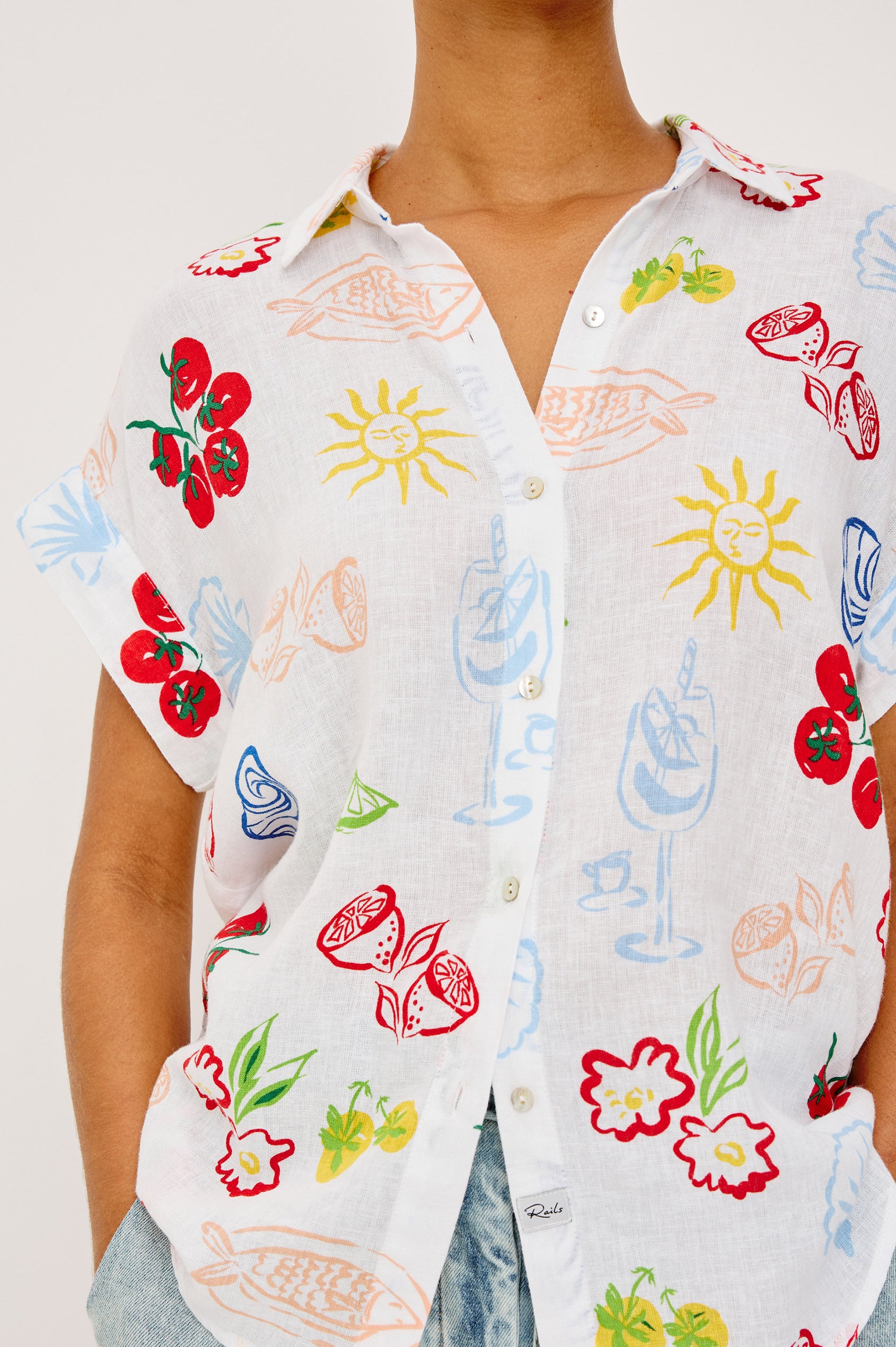 Farrah Button-Up Shirt in Featherweight Rayon With Collar, Short Rolled Sleeves, and Relaxed Fit in White Antipasti Colorway - Full Body Front View Featured on Model