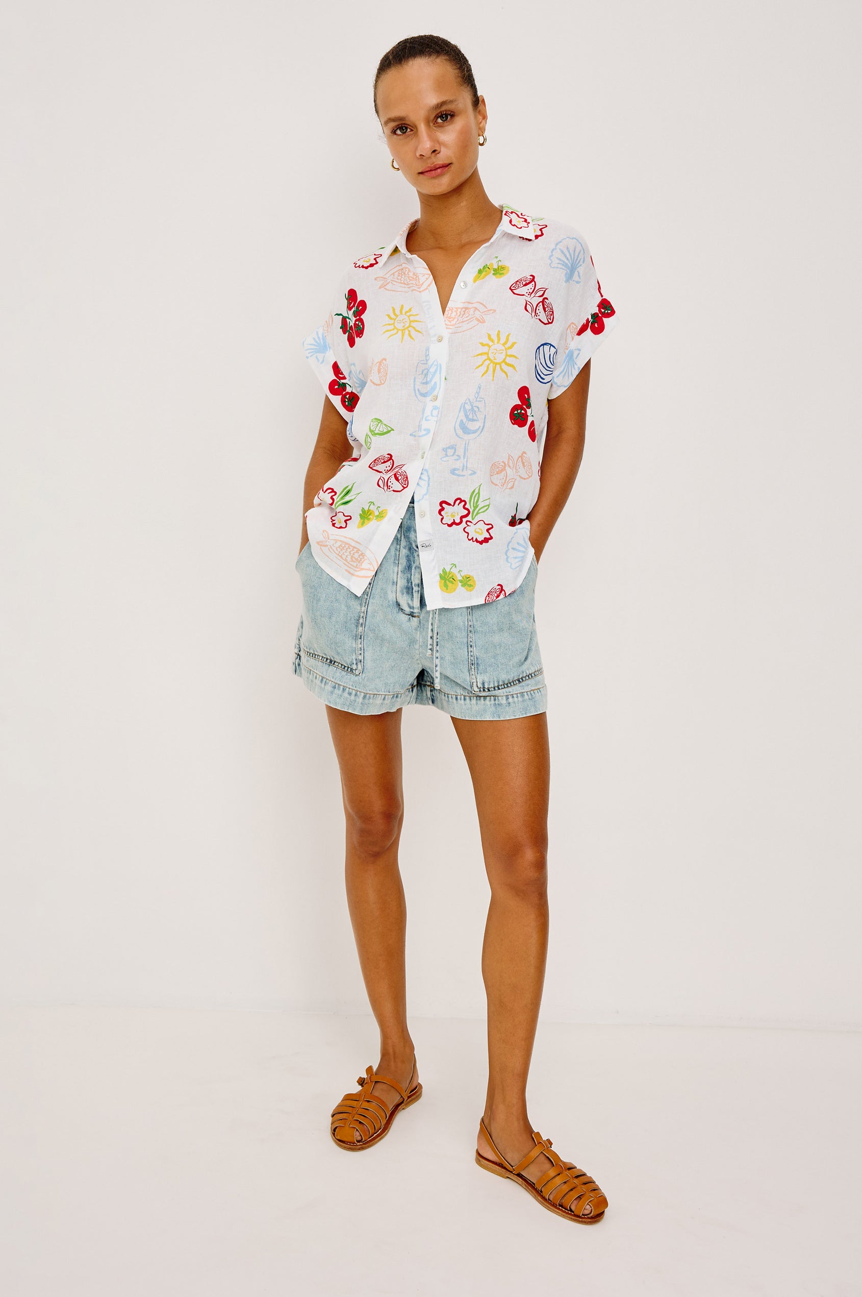 Farrah Button-Up Shirt in Featherweight Rayon With Collar, Short Rolled Sleeves, and Relaxed Fit in White Antipasti Colorway - Full Body Front View Featured on Model