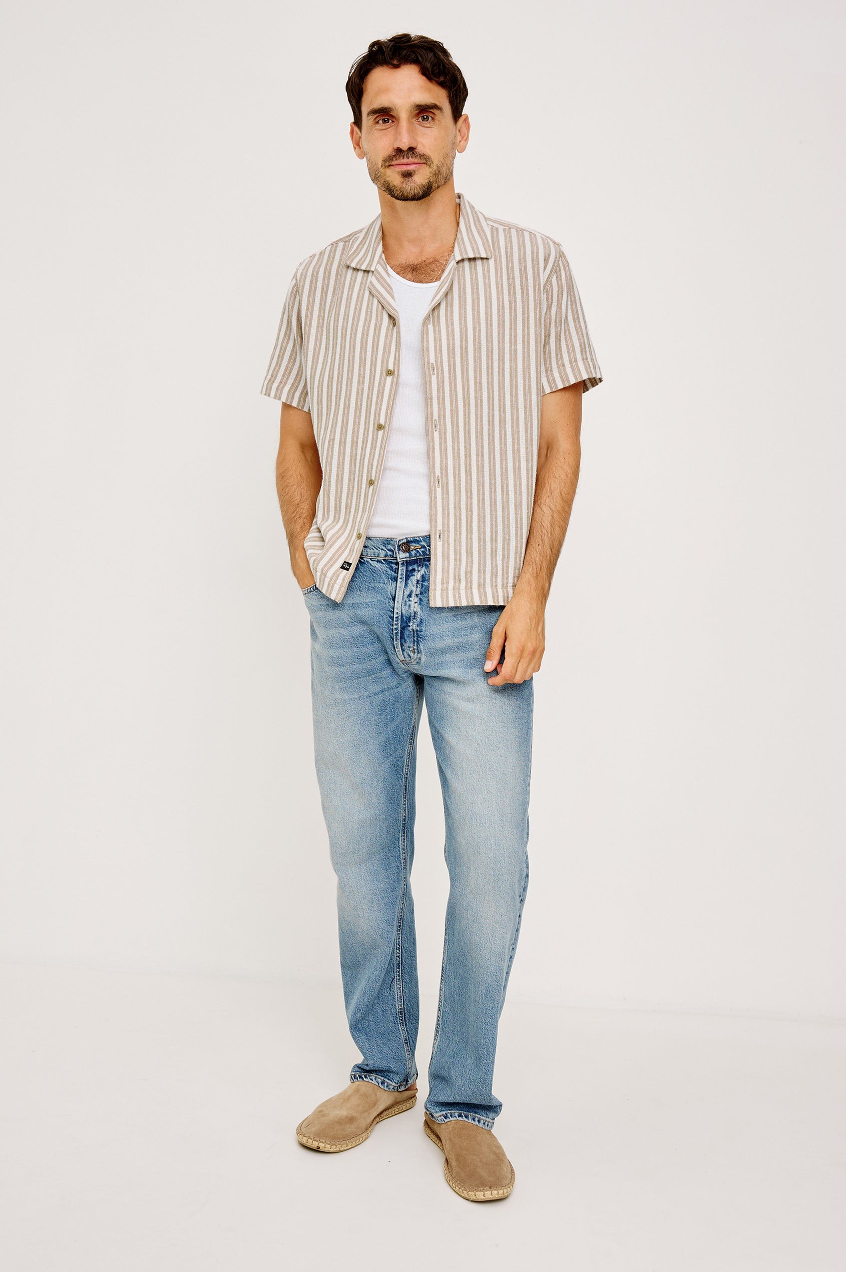 Fielder Camp Shirt With Front Buttons, Short Sleeves, and Relaxed, Boxy Fit in Khaki White Stripe Colorway - Full Body Front View Featured on Model