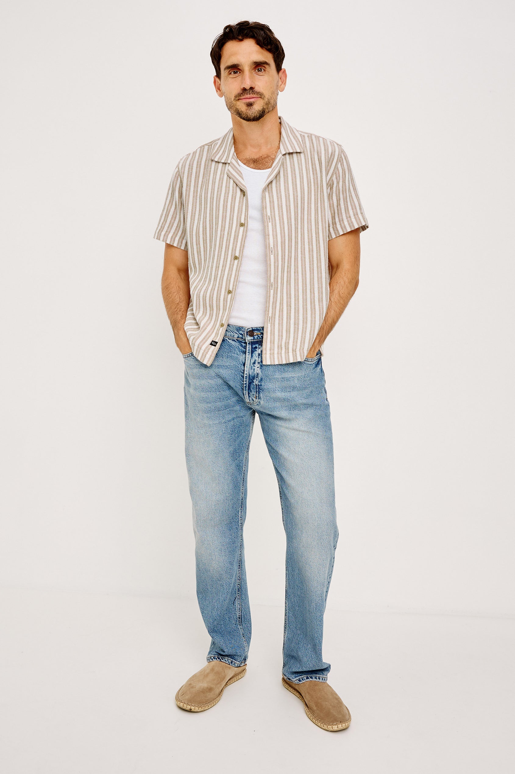 Fielder Camp Shirt With Front Buttons, Short Sleeves, and Relaxed, Boxy Fit in Khaki White Stripe Colorway - Full Body Front View Featured on Model