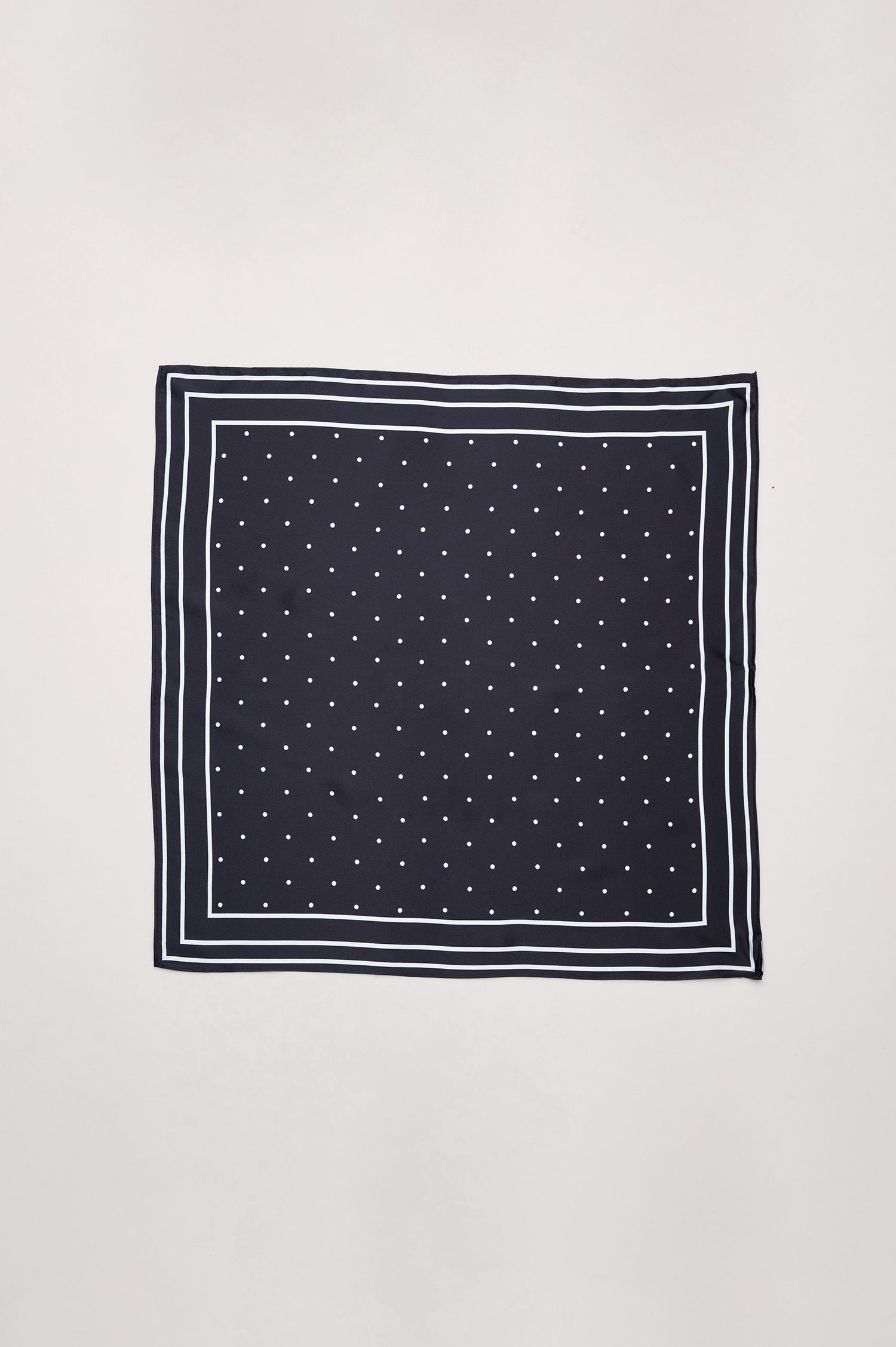 Finna Square Scarf in 100% Silk With Contrast Polka Dots and Striped Outline in Black Colorway - Flat Lay View Featured