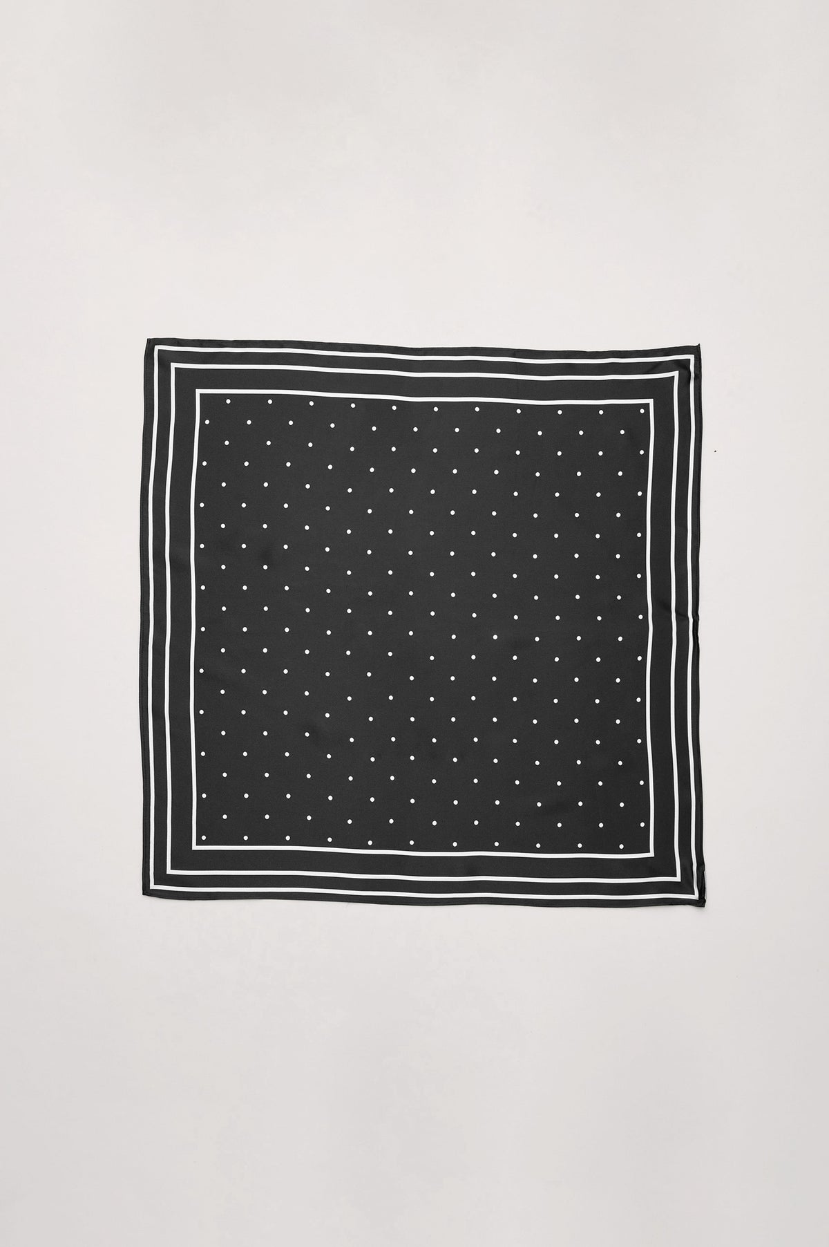 Finna Square Scarf in 100% Silk With Contrast Polka Dots and Striped Outline in Black Colorway - Flat Lay View Featured