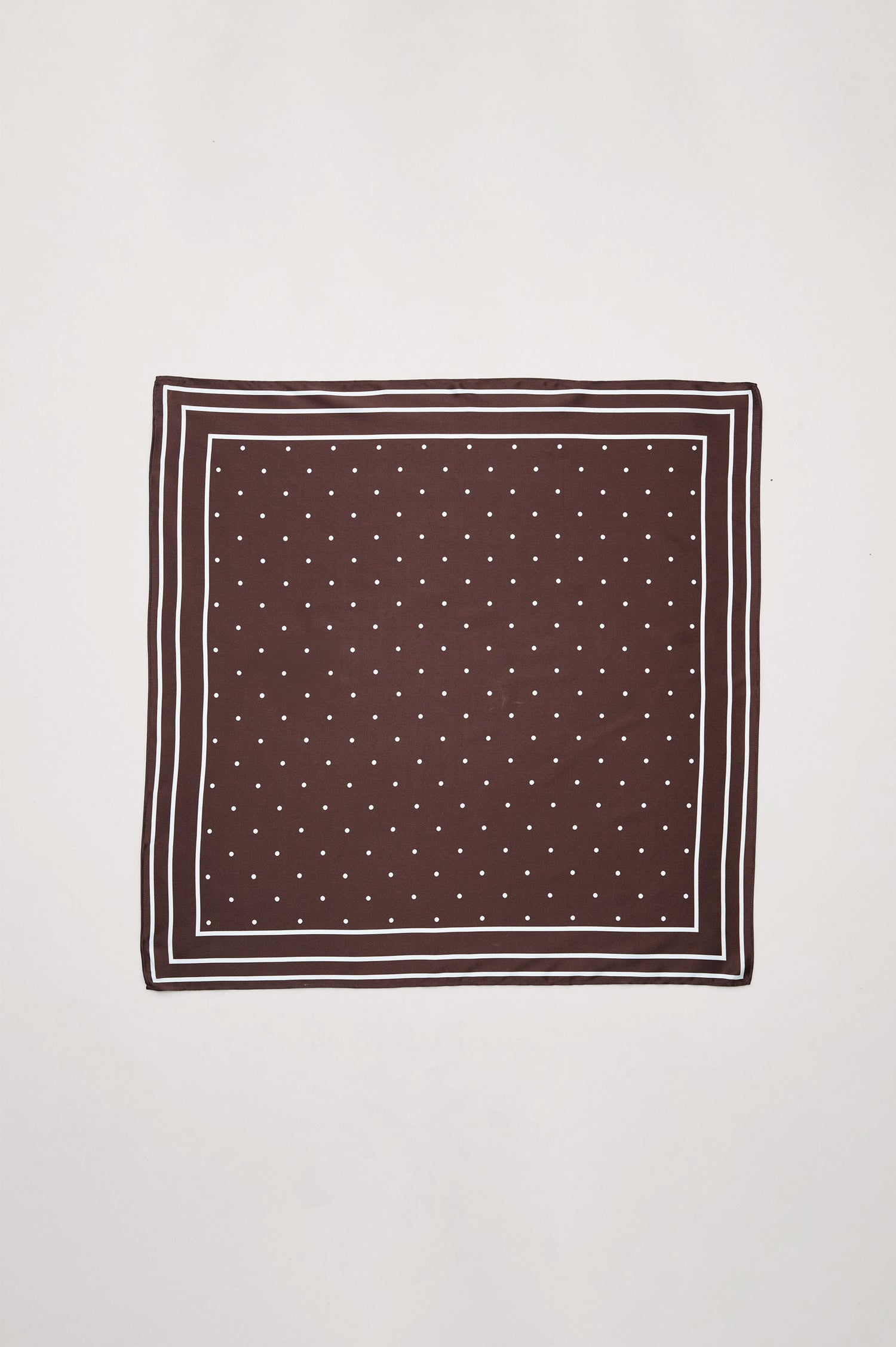 Finna Square Scarf in 100% Silk With Contrast Polka Dots and Striped Outline in Brown Colorway - Flat Lay View Featured