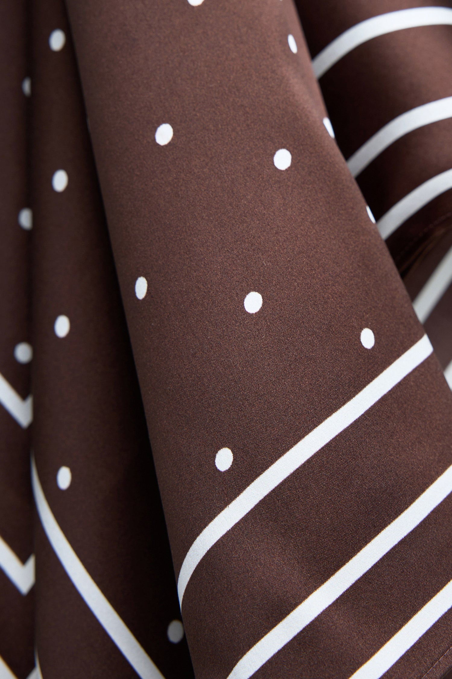 Finna Square Scarf in 100% Silk With Contrast Polka Dots and Striped Outline in Brown Colorway - Close Up View Featured