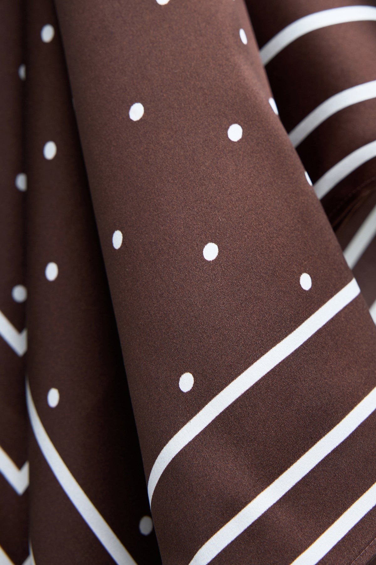 Finna Square Scarf in 100% Silk With Contrast Polka Dots and Striped Outline in Brown Colorway - Close Up View Featured