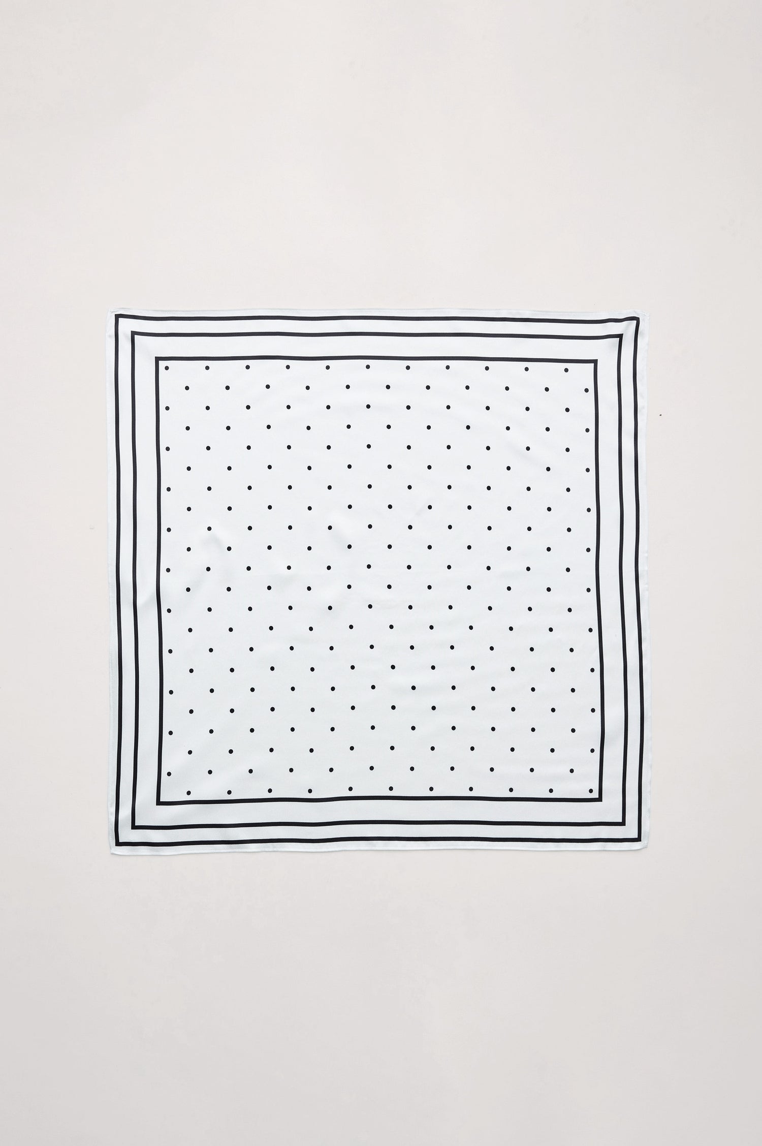 Finna Square Scarf in 100% Silk With Contrast Polka Dots and Striped Outline in White Colorway - Flat Lay View Featured