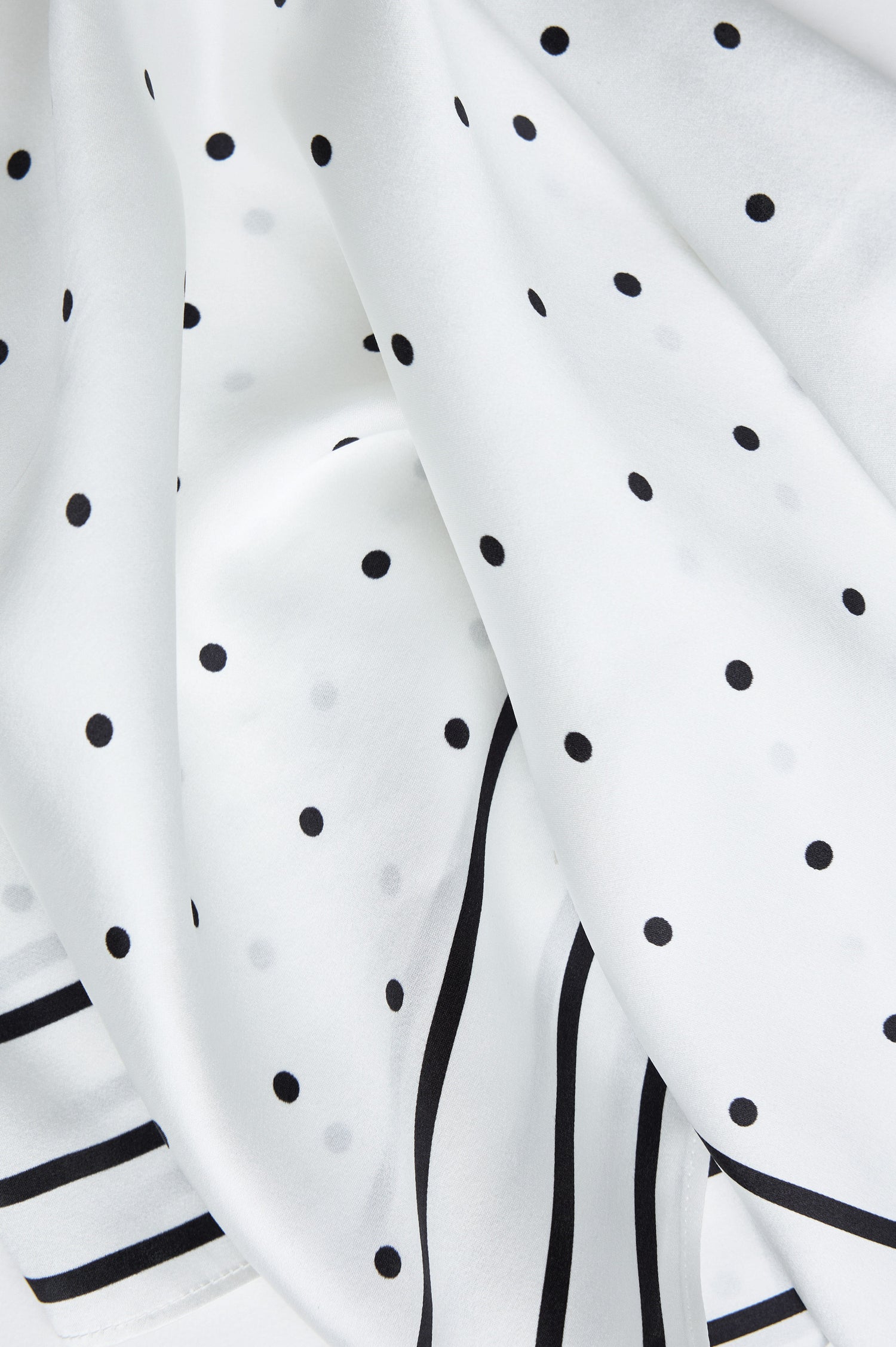 Finna Square Scarf in 100% Silk With Contrast Polka Dots and Striped Outline in White Colorway - Flat Lay Close Up View Featured