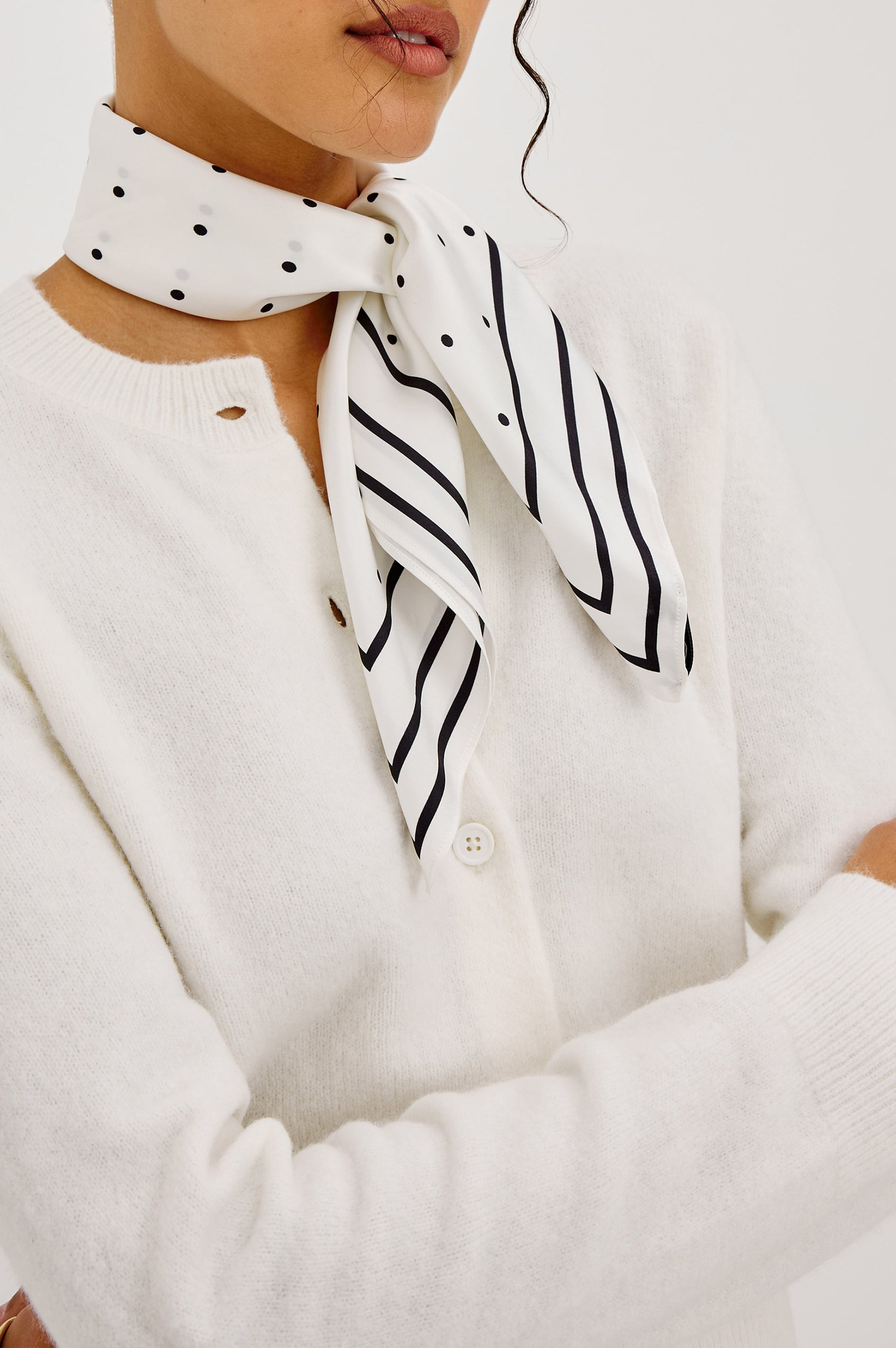 Finna Square Scarf in 100% Silk With Contrast Polka Dots and Striped Outline in White Colorway - front view on model Featured