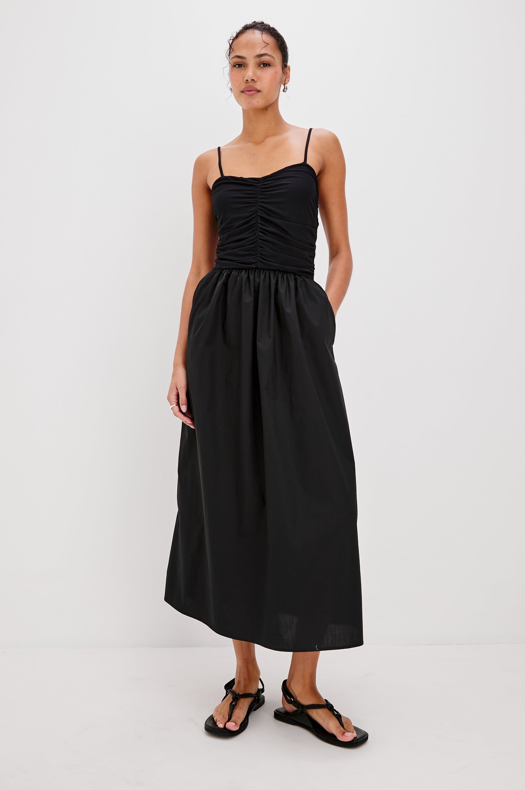 Fisher Midi Tank Dress with Spaghetti Straps, Gathered Center Front Detail on Bodice and a Gathered Waistband in Black Colorway. Front View Shown on Model.