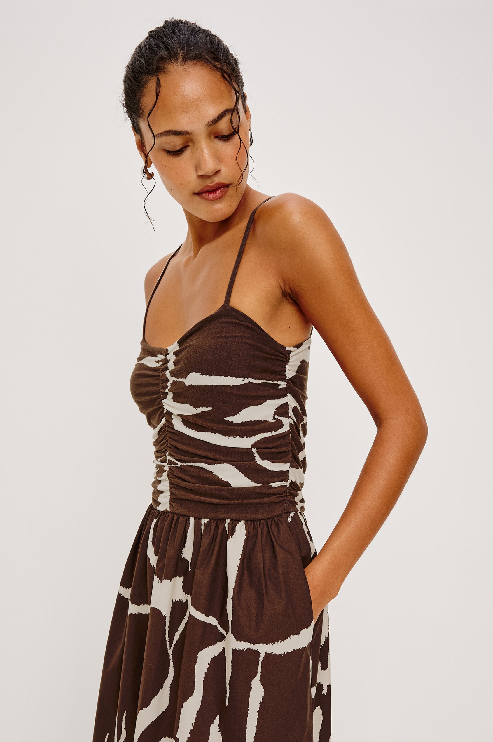 Fisher Maxi Dress With Stretch Jersey Bodice With Ruching  Flowing Poplin Skirt Adjustable Shoulder Straps and On-Seam Pockets in Terra Colorway - Upper Body Close Up Front View Featured on Model