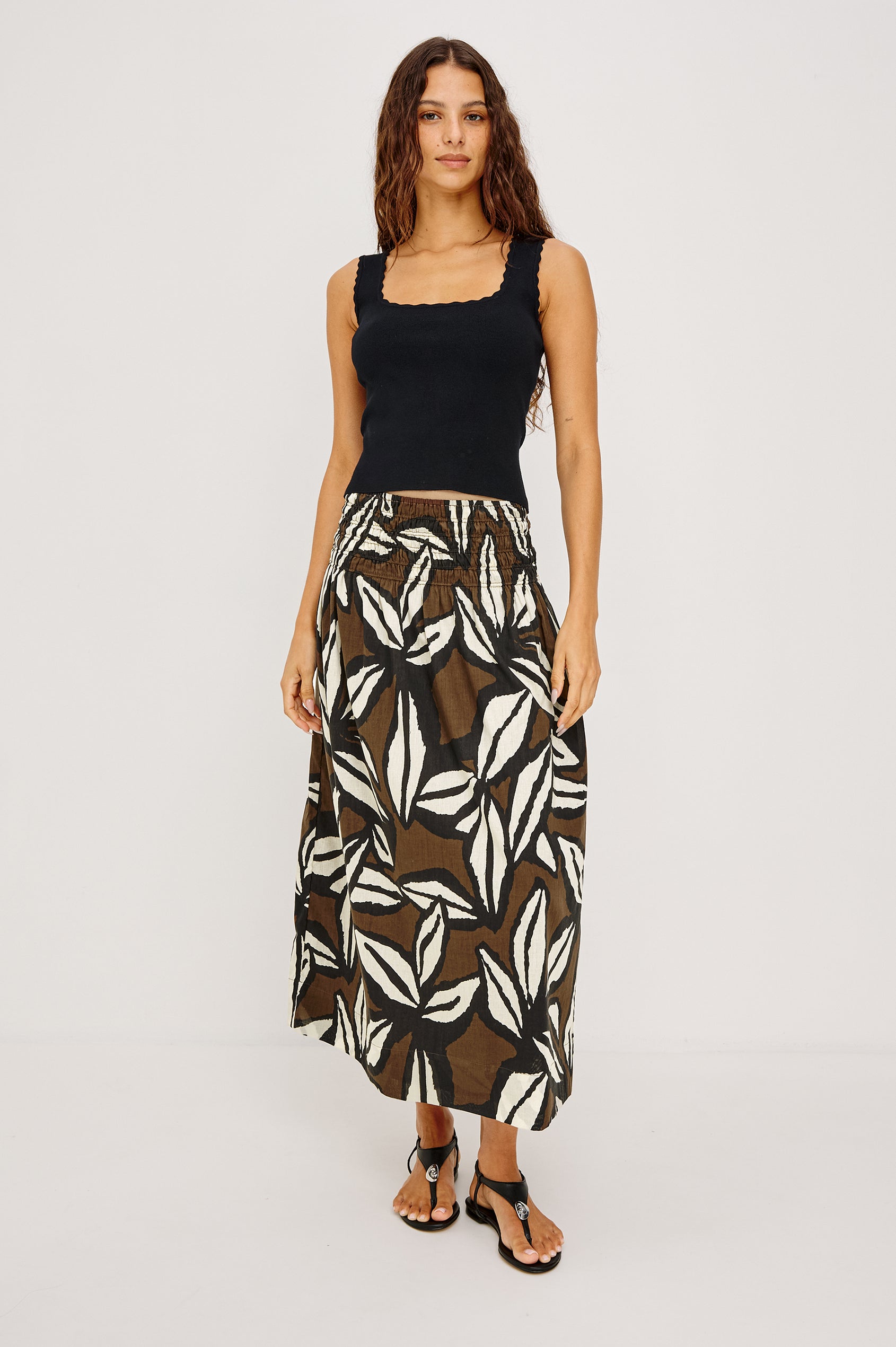 Flore Crop Tank Top in Rib With Scalloped Trim and Soft Square Neckline in Black Colorway - Full Body Front View Featured on Model