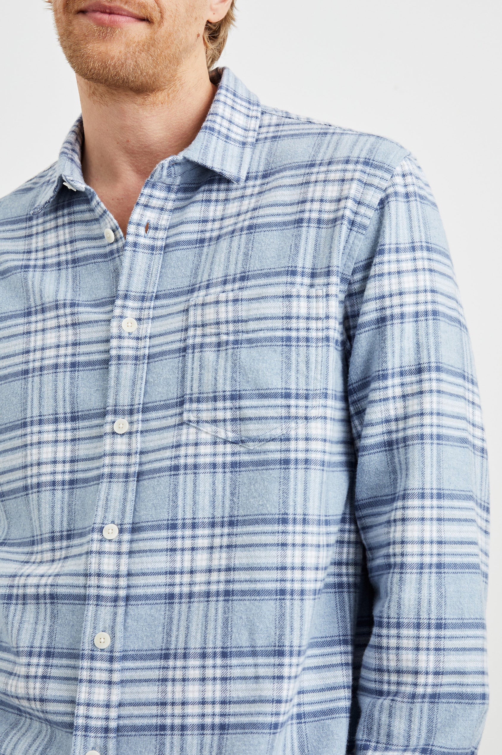 Forrest Long-Sleeve Button Up with a Chest Patch Pocket in Celestial Lagoon Colorway, a Blue and White plaid - Front View Featured on Model