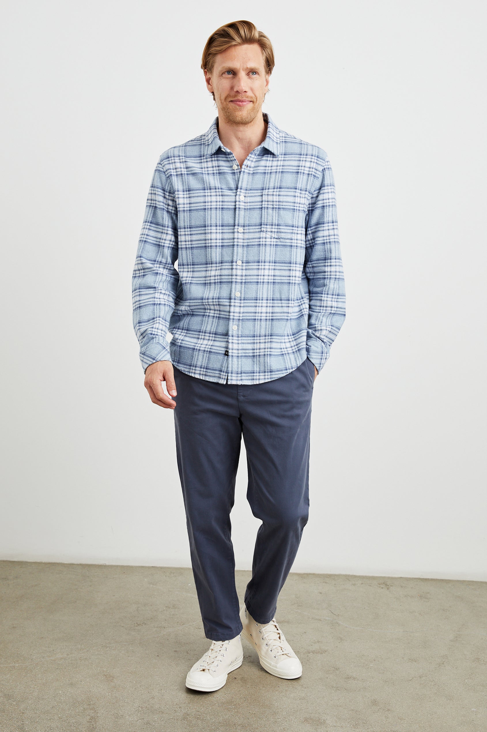 Forrest Long-Sleeve Button Up with a Chest Patch Pocket in Celestial Lagoon Colorway, a Blue and White plaid - Front Full Body Full View Featured on Model