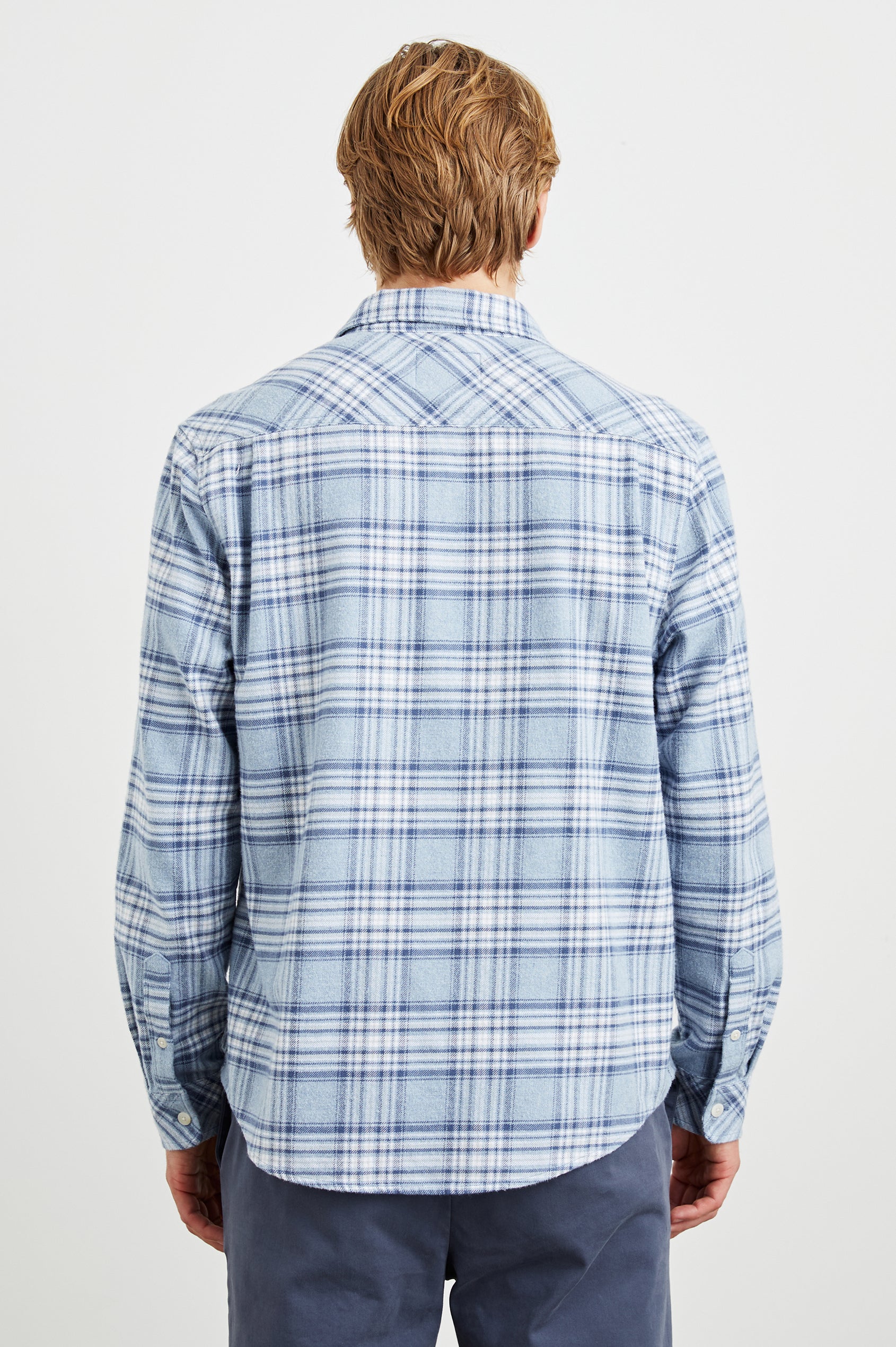 Forrest Long-Sleeve Button Up with a Chest Patch Pocket in Celestial Lagoon Colorway, a Blue and White plaid - Back View Featured on Model