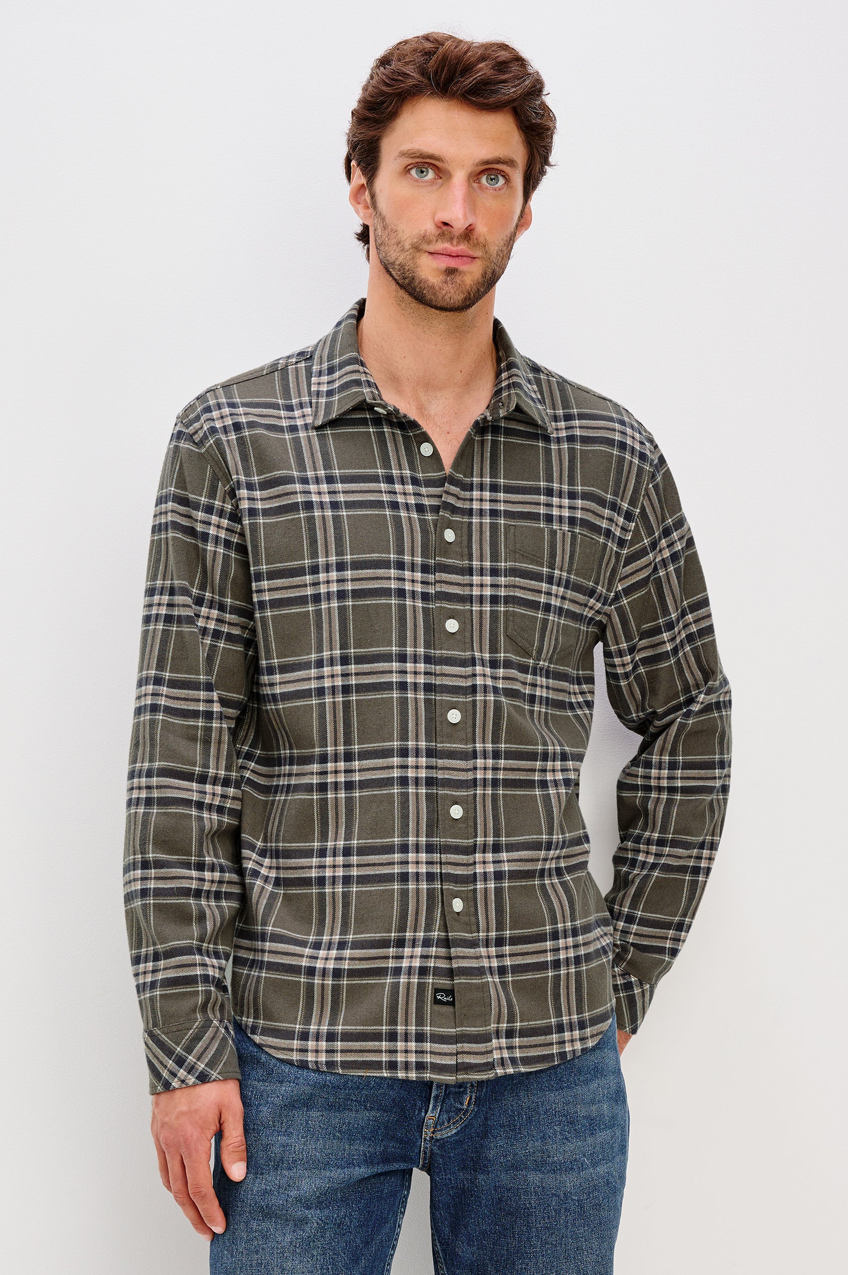 Forrest Long-Sleeve Button Up with a Chest Patch Pocket in Driftwood Coal Colorway, a Brown, Green and Charcoal plaid - Back View Featured on Model