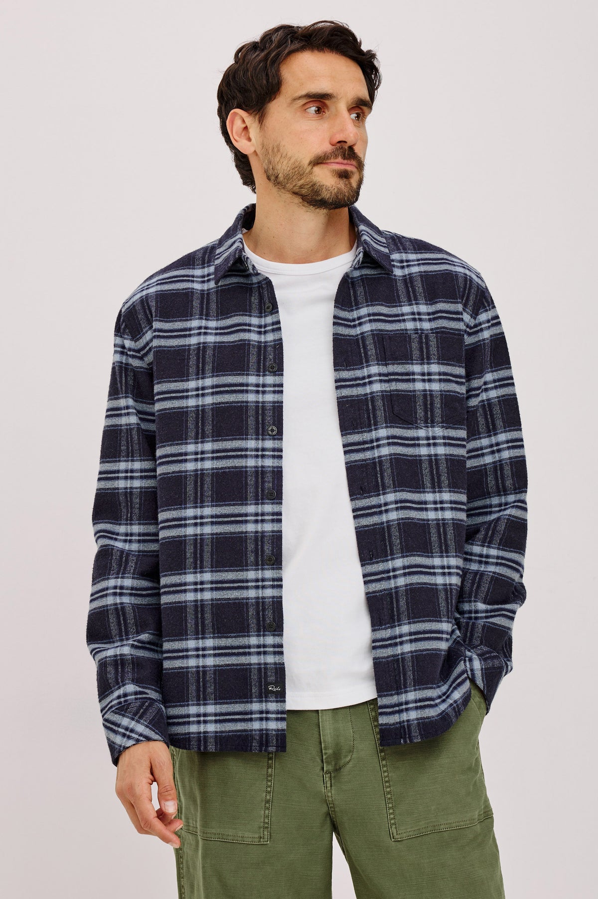 Forrest Shirt in Heavy Brushed Cotton With Collar, Front Buttons, and Single Chest Patch Pocket in Mystic Sapphire Colorway - Upper Body Front View Featured on Model.