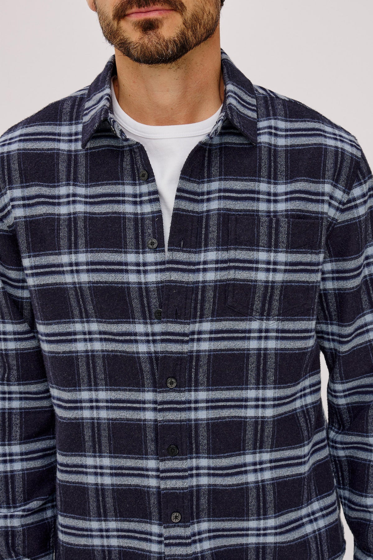 Forrest Shirt in Heavy Brushed Cotton With Collar, Front Buttons, and Single Chest Patch Pocket in Mystic Sapphire Colorway - Upper Body Front Detail View Featured on Model.