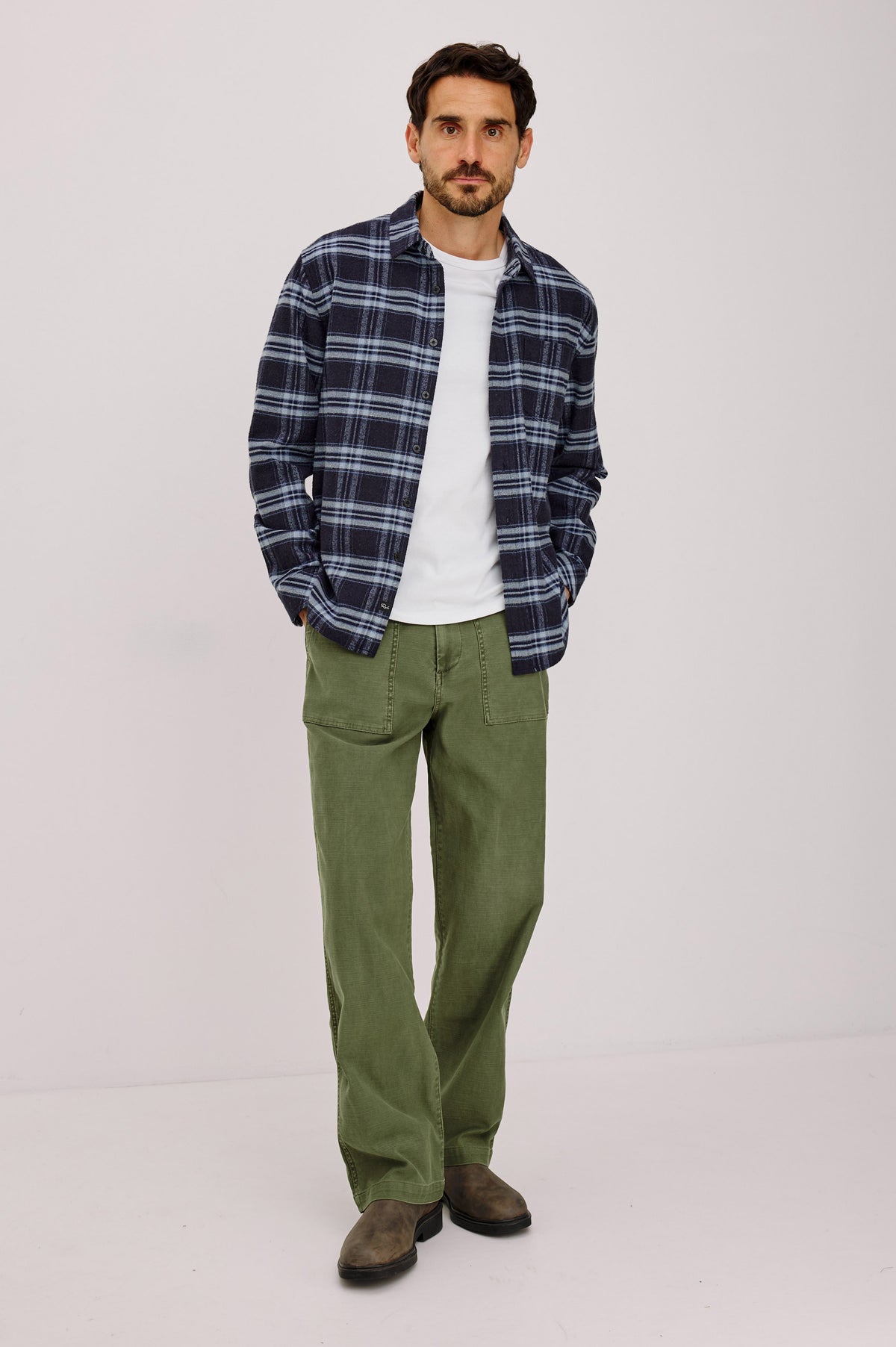 Forrest Shirt in Heavy Brushed Cotton With Collar, Front Buttons, and Single Chest Patch Pocket in Mystic Sapphire Colorway - Full Body Front View Featured on Model.