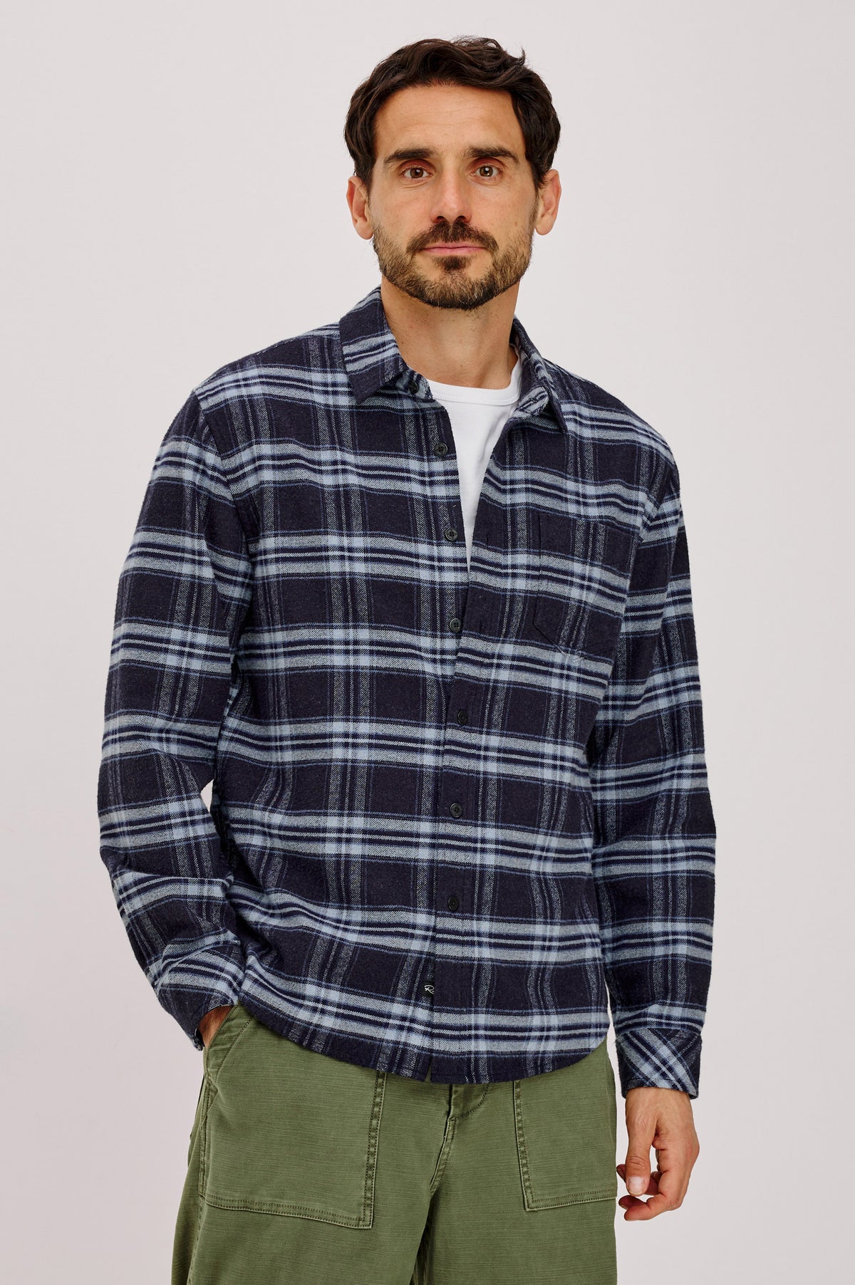 Forrest Shirt in Heavy Brushed Cotton With Collar, Front Buttons, and Single Chest Patch Pocket in Mystic Sapphire Colorway - Front View Featured on Model.