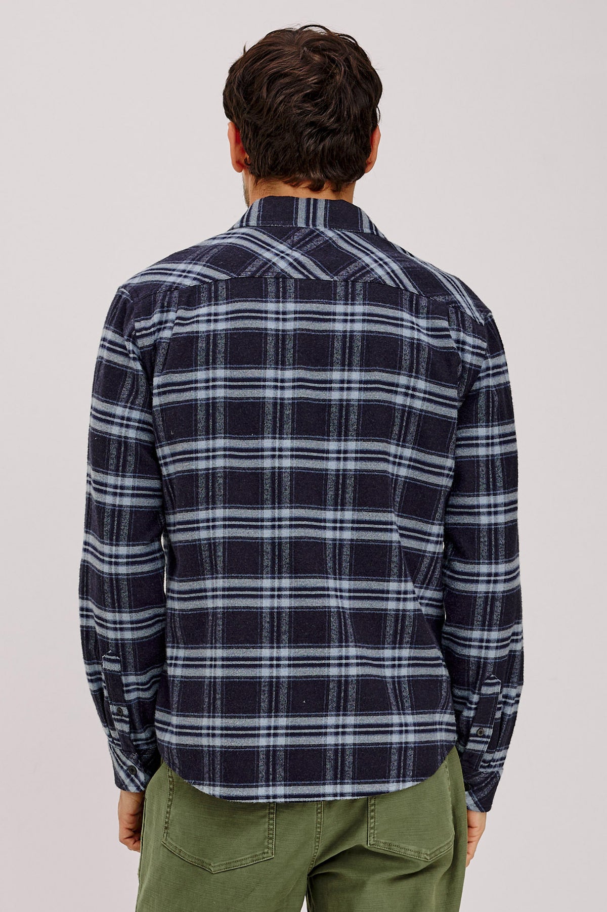 Forrest Shirt in Heavy Brushed Cotton With Collar, Front Buttons, and Single Chest Patch Pocket in Mystic Sapphire Colorway - Upper Body Back View Featured on Model.