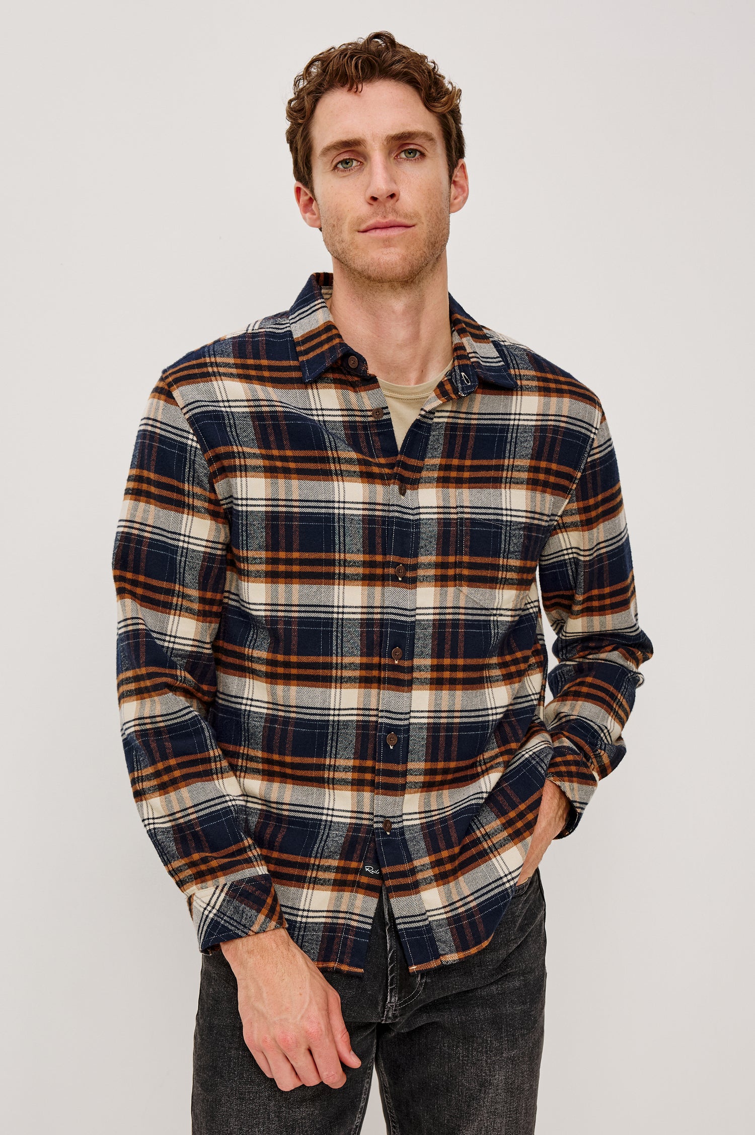 Forrest Long-Sleeve Button Up with a Chest Patch Pocket in Oat Umber Steel Colorway, a plaid - Front View Featured on Model