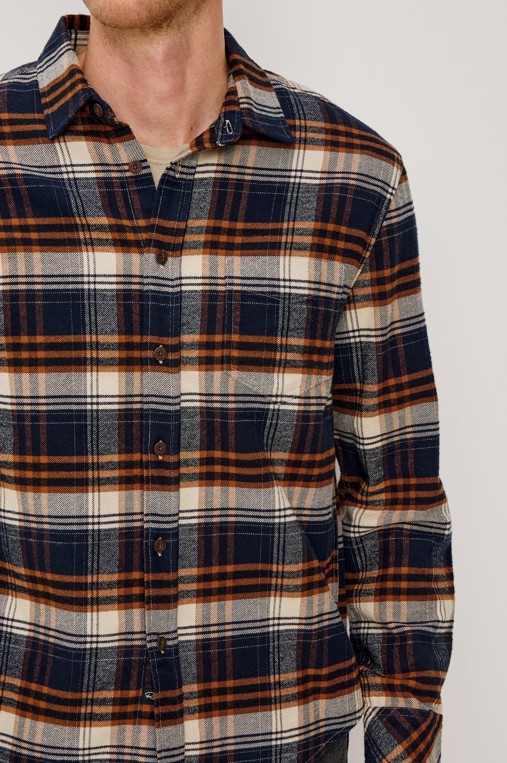 Forrest Long-Sleeve Button Up with a Chest Patch Pocket in Oat Umber Steel Colorway, a plaid - Front Detail View Featured on Model