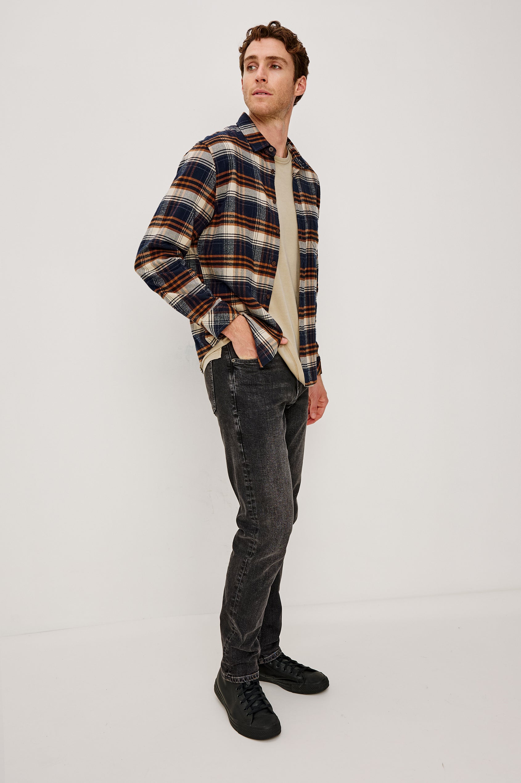 Forrest Long-Sleeve Button Up with a Chest Patch Pocket in Oat Umber Steel Colorway, a plaid - Side View Featured on Model