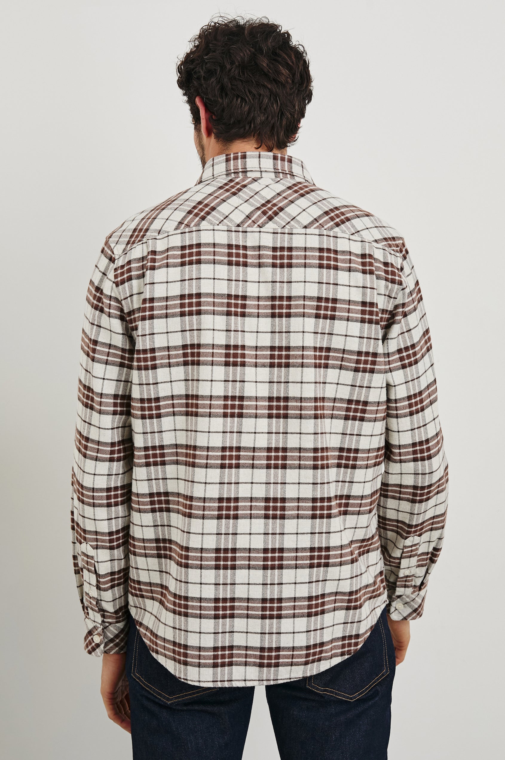 Forrest Long-Sleeve Button Up with a Chest Patch Pocket in Sandalwood Mosaic Colorway, a Brown and Cream plaid - Back View Featured on Model