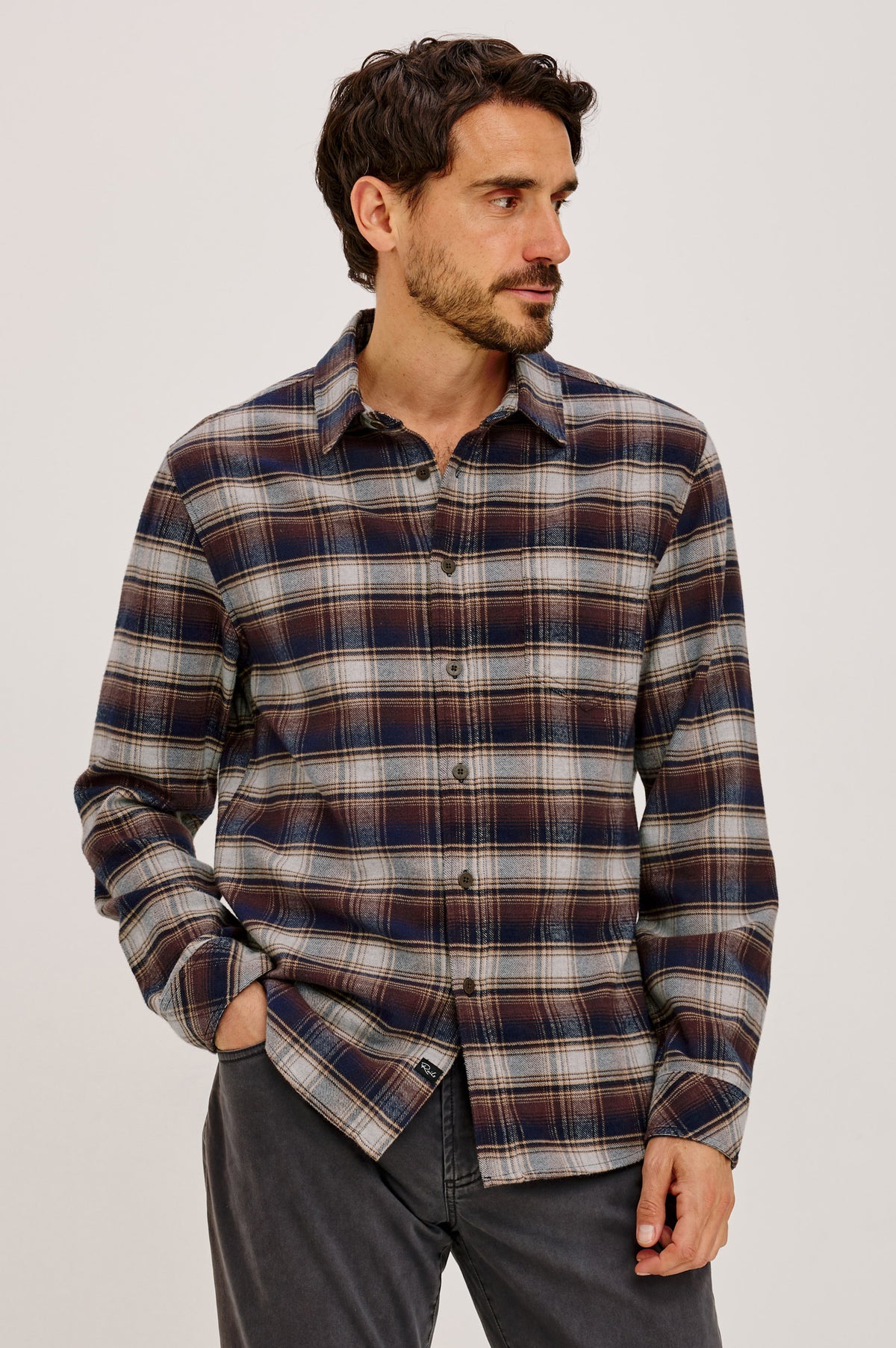 Forrest Shirt in Heavy Brushed Cotton With Collar, Front Buttons, and Single Chest Patch Pocket in Timber Creek Path Colorway - Upper Body Front View Featured on Model.