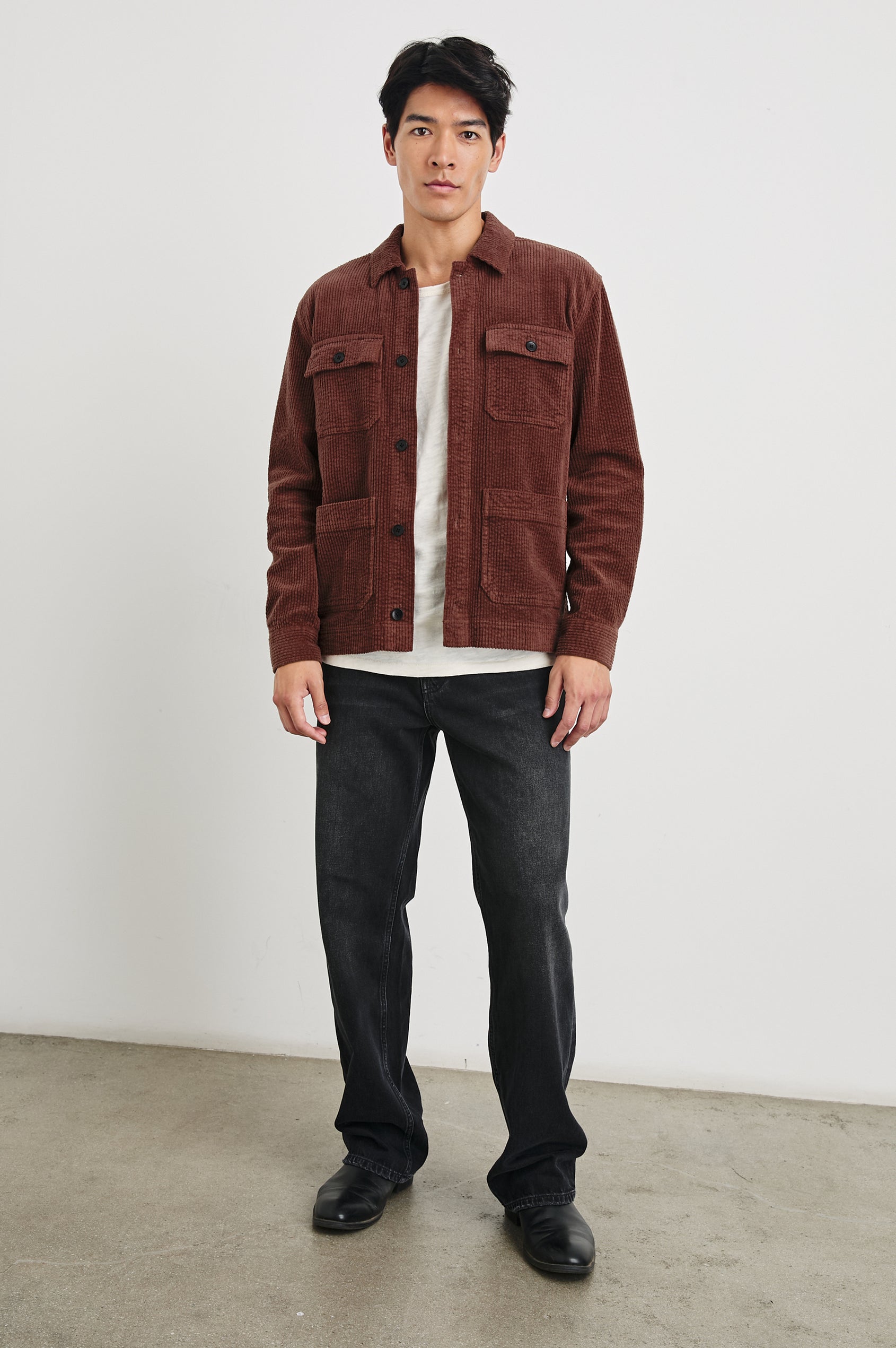 Franklin Corduroy Jacket with Button Closure, Two Front Patch Pockets and Two Chest Button Flap Pockets in Brick Colorway - Front Full Body View Featured on Model