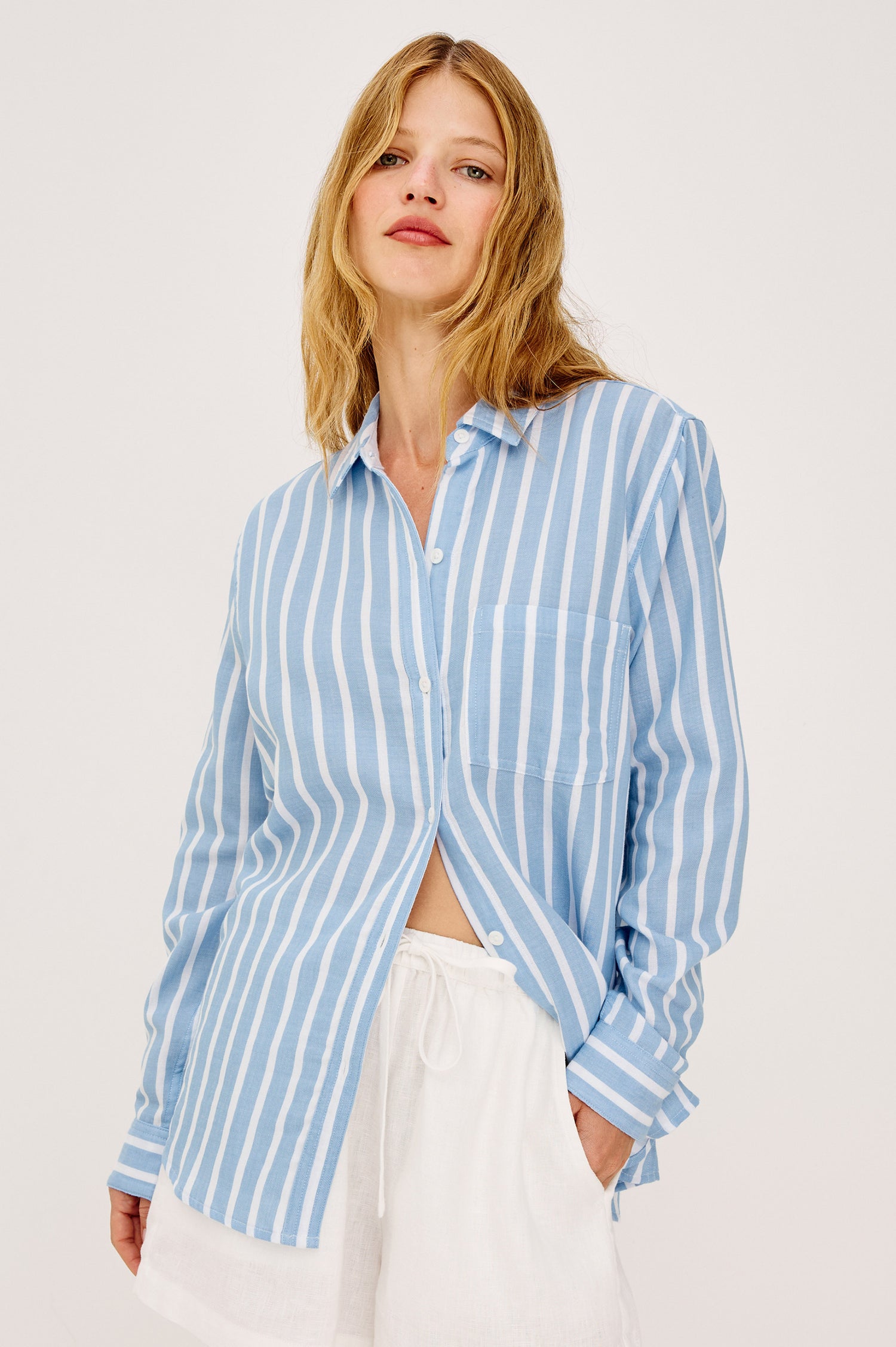 Freeman Button-Up Shirt in Double Gauze With a Collar, Relaxed Fit, Long Sleeves, and Chest Patch Pocket in Saltwater Stripe Colorway - Upper Body Front View Featured on Model