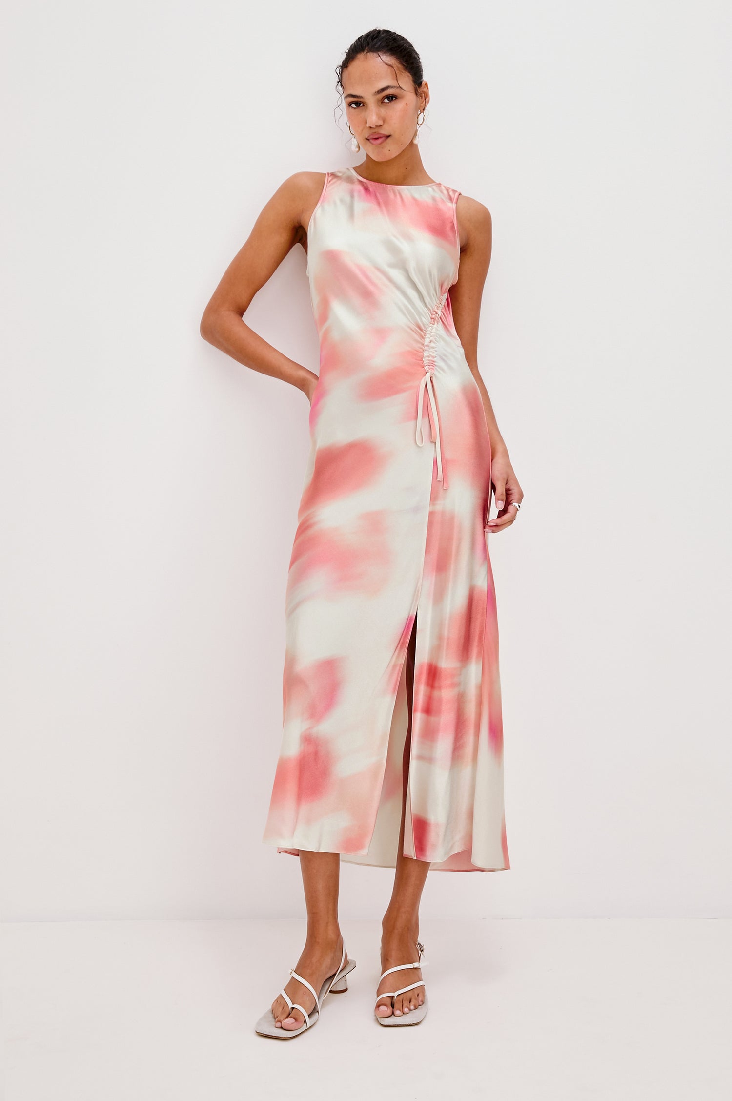 Gabriella Midi Sleeveless Dress with One Side Curved Drawstring Detail and Front Slit in Cherry Blossom Colorway. Full Body Front View Shown on Model.