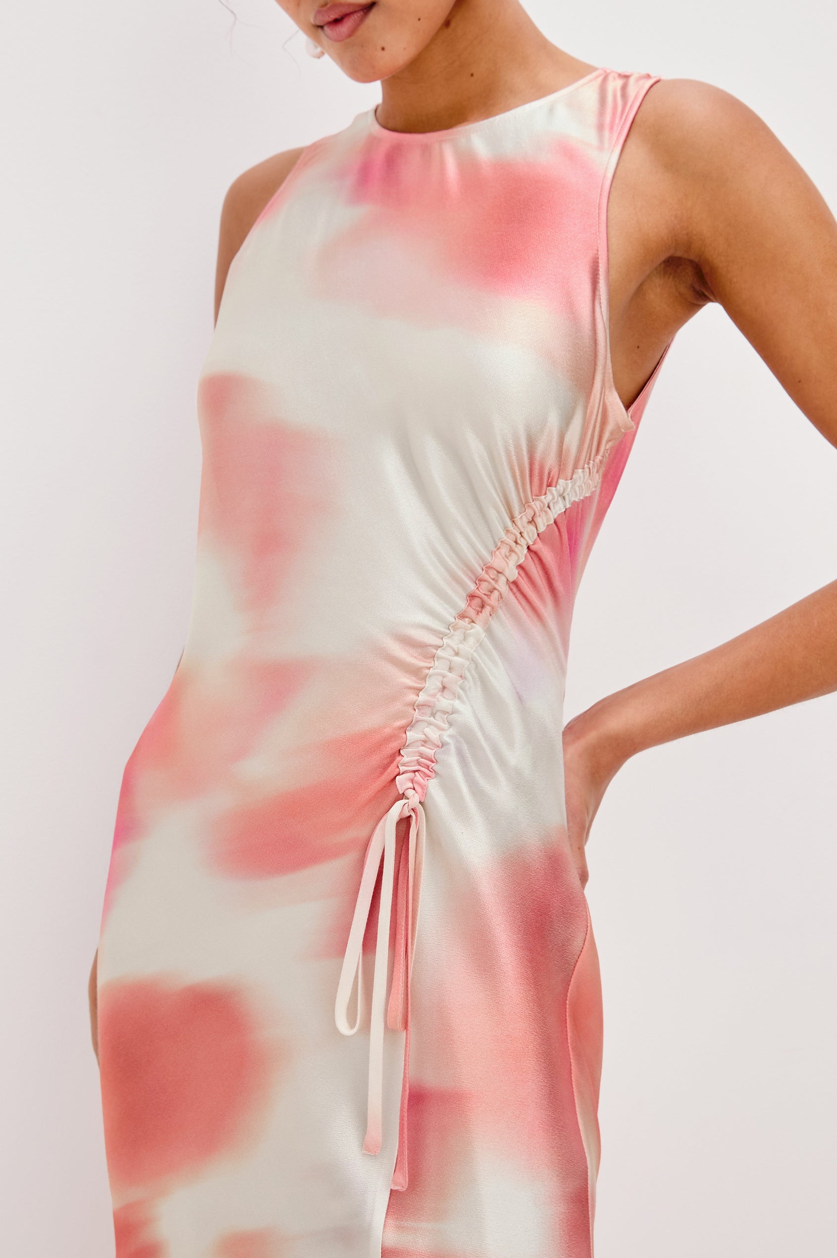 Gabriella Midi Sleeveless Dress with One Side Curved Drawstring Detail and Front Slit in Cherry Blossom Colorway. Front Detailed View Shown on Model.